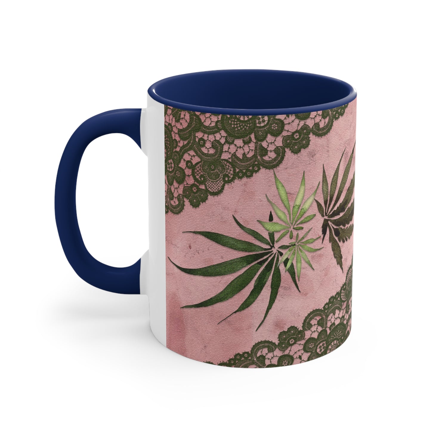 Grey Lace Gorgeous Pink Beautiful Multicolored Pot, Weed, Marijuana Leaf Accent Coffee Mug, 11oz