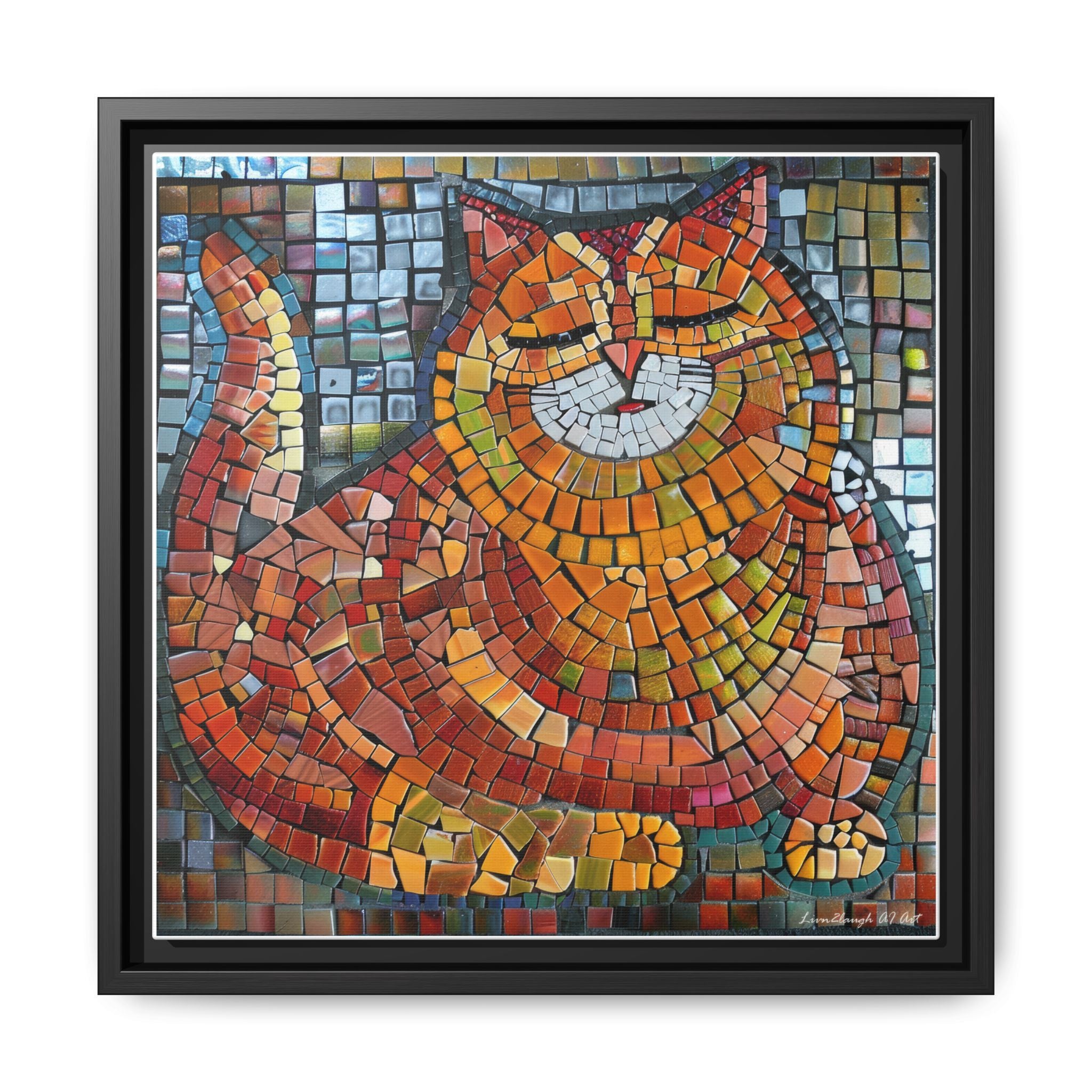 Radiant Whiskers: The Joyful Cat, Framed Mosaic Cat Art Print — Colorful Modern Wall Canvas