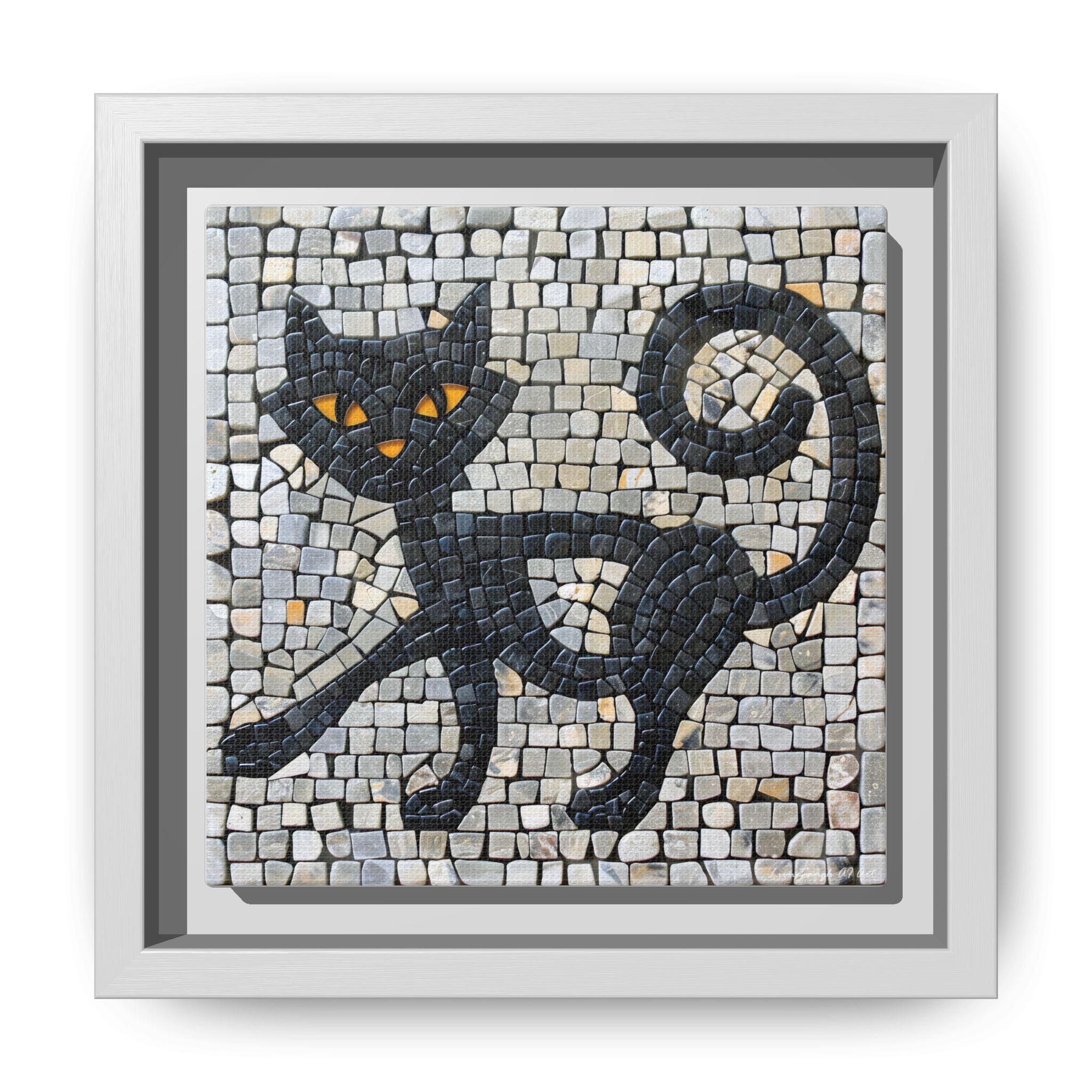"Curious Black Cat Mosaic", Framed Mosaic Cat Art Print — Colorful Modern Wall Canvas