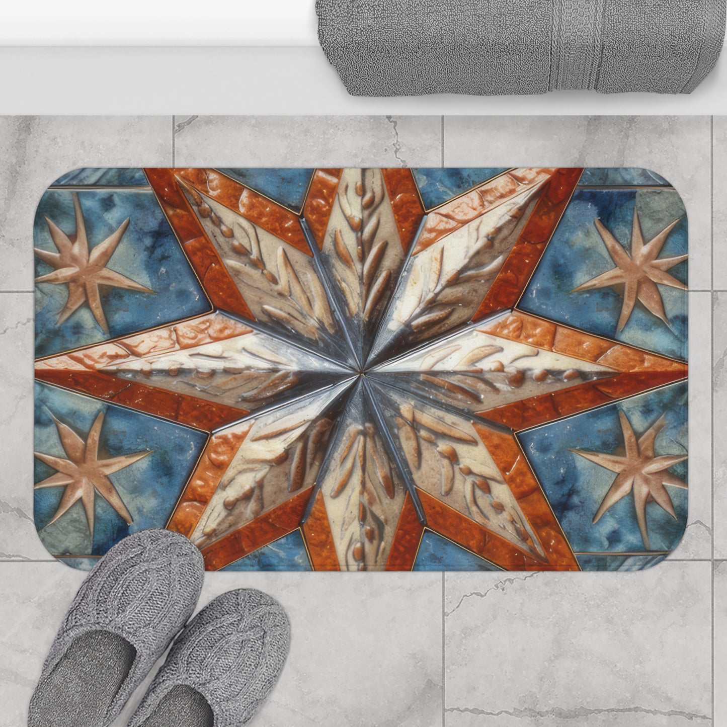 Beautiful Stars Abstract Star Style Orange, White And Blue Bath Mat