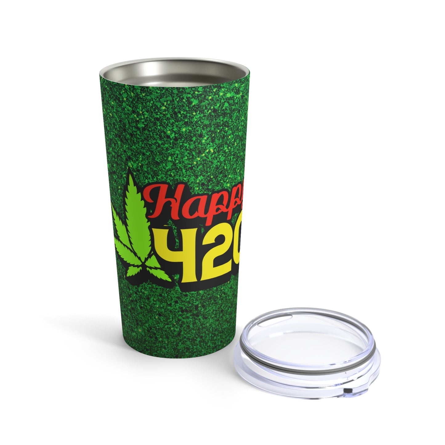 Happy Marijuana 420 In Yellow With Green Pot Leaf, Green Background By Fly Designs Tumbler 20oz