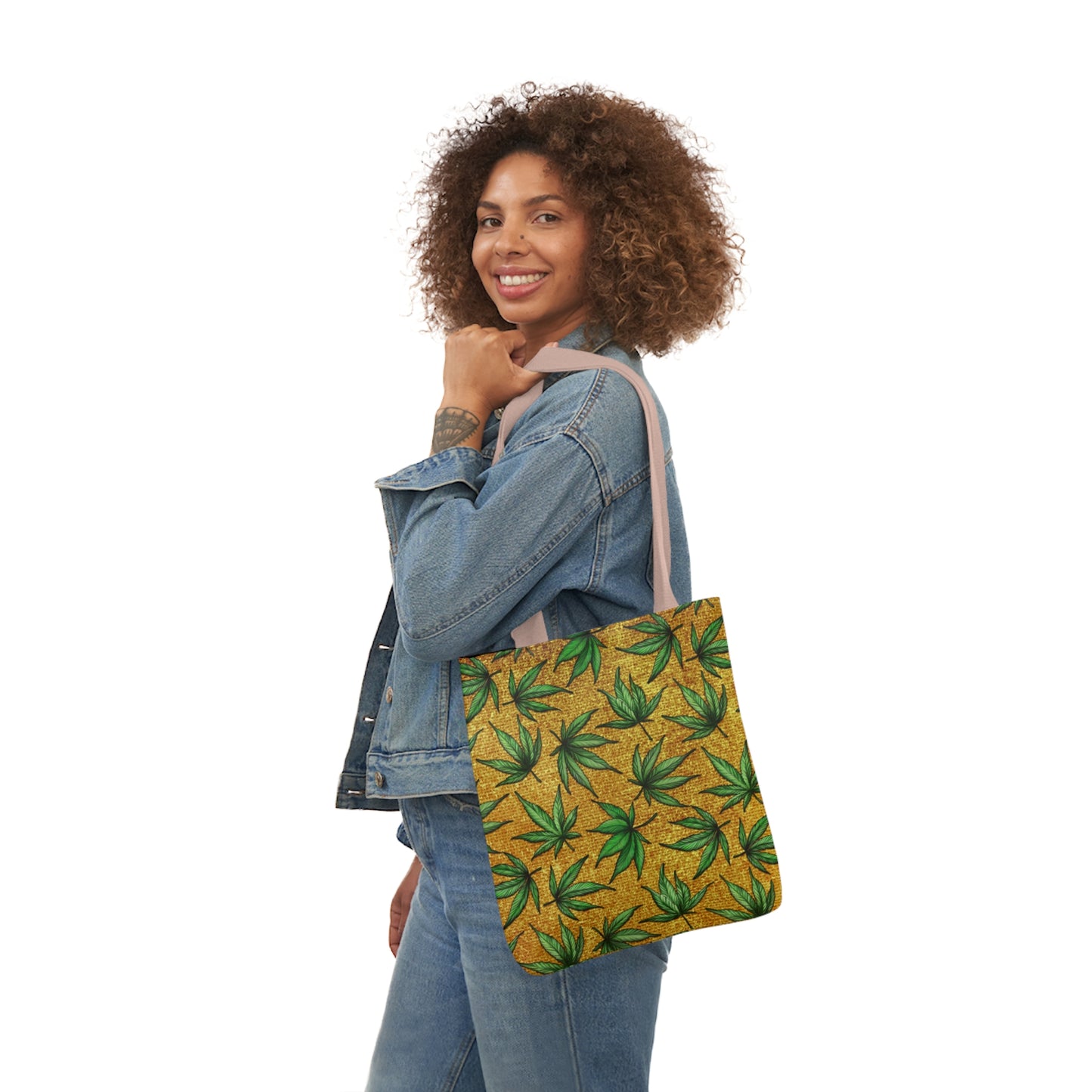 Gold And Green Marijuana Pot Weed Leaf With Gold Background 420 Polyester Canvas Tote Bag (AOP)