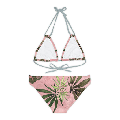 Grey Lace Gorgeous Pink Designed Marijuana 420 Weed Strappy Bikini Set (AOP)