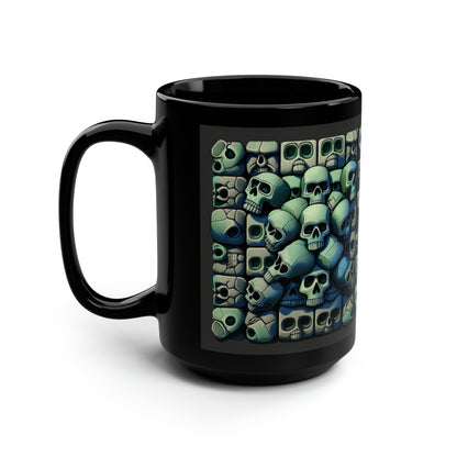 Green Block Skull Collage Black Mug, 15oz