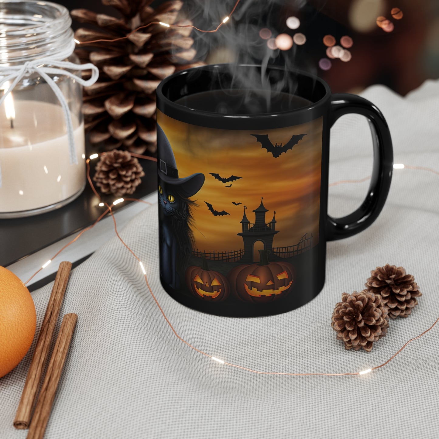 Gothic Witch Hat Cat With Halloween Glowing Orange Sky And Pumpkins 11oz Black Mug