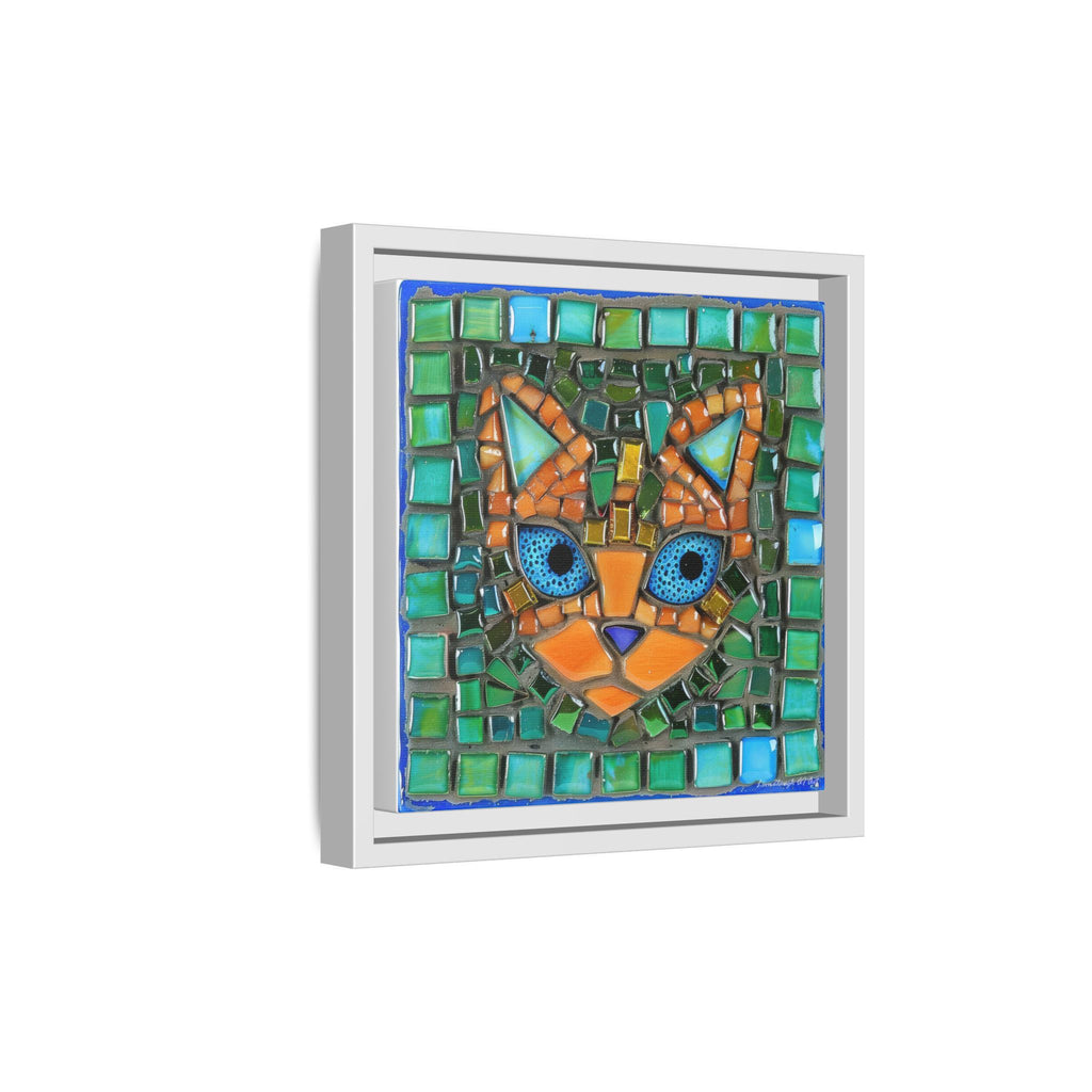 "Emerald Eyes Mosaic Cat", Framed Mosaic Cat Art Print — Colorful Modern Wall Canvas