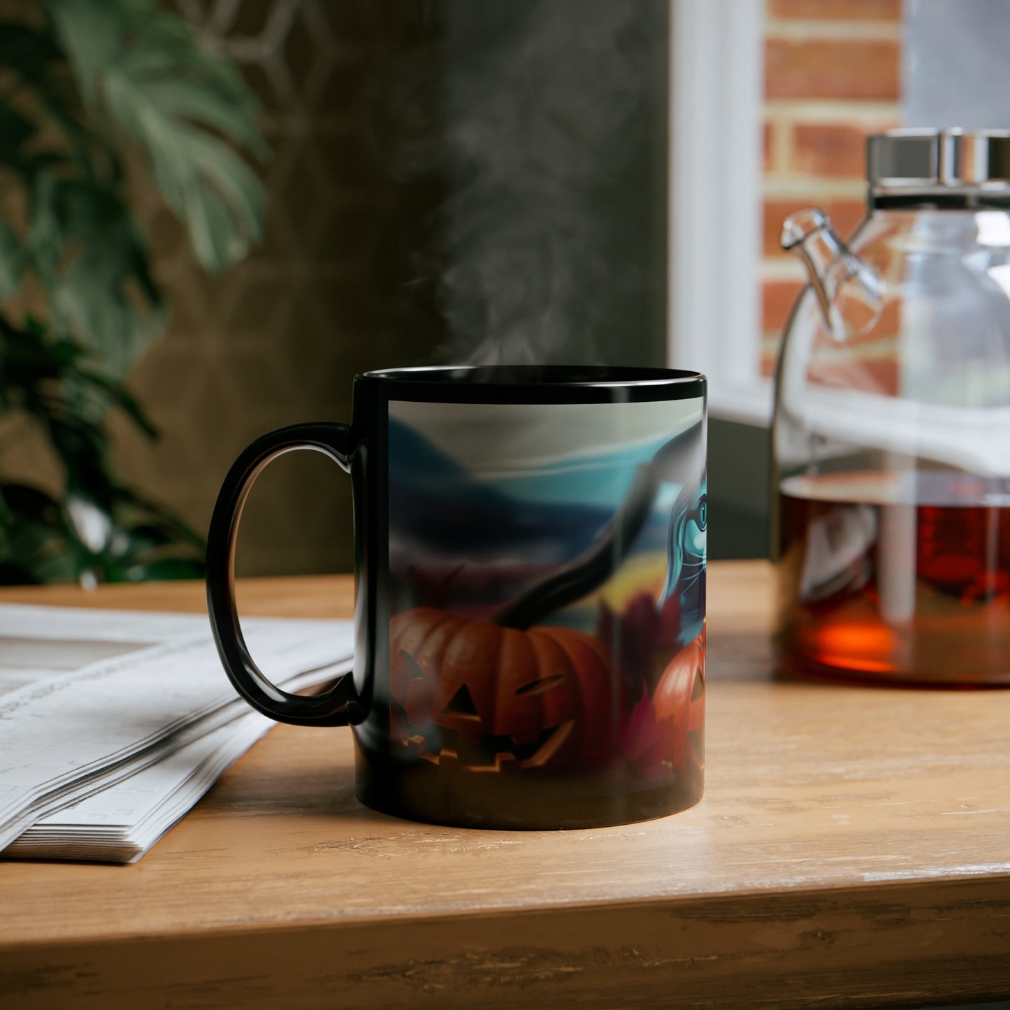 Fall Time White Cat With Black Hat, Fall Leaves And Halloween Pumpkins 11oz Black Mug