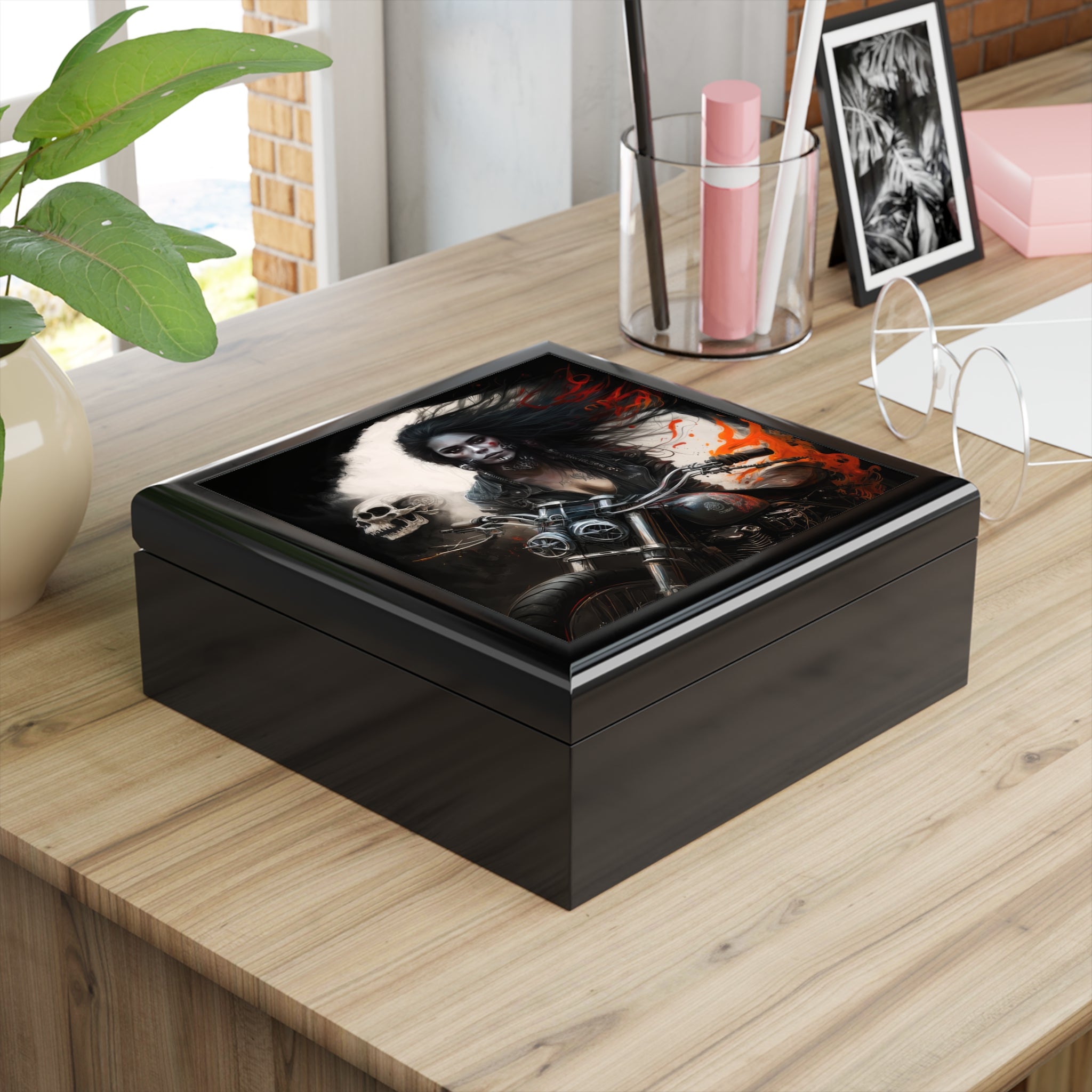 Biker Chic On Motorcycle With Skull Orange Flaming Background Jewelry Box Jewelry Box