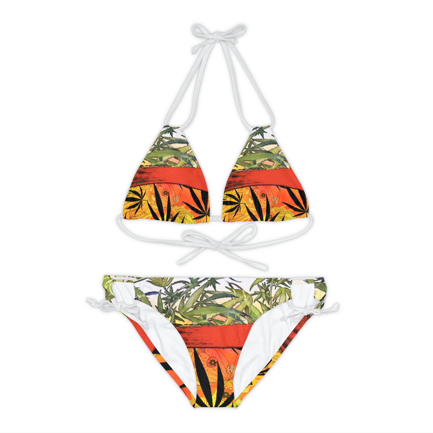 Beautiful Redish Orange Banded Marijuana 420 Pot Weed Leaf Strappy Bikini Set (AOP)