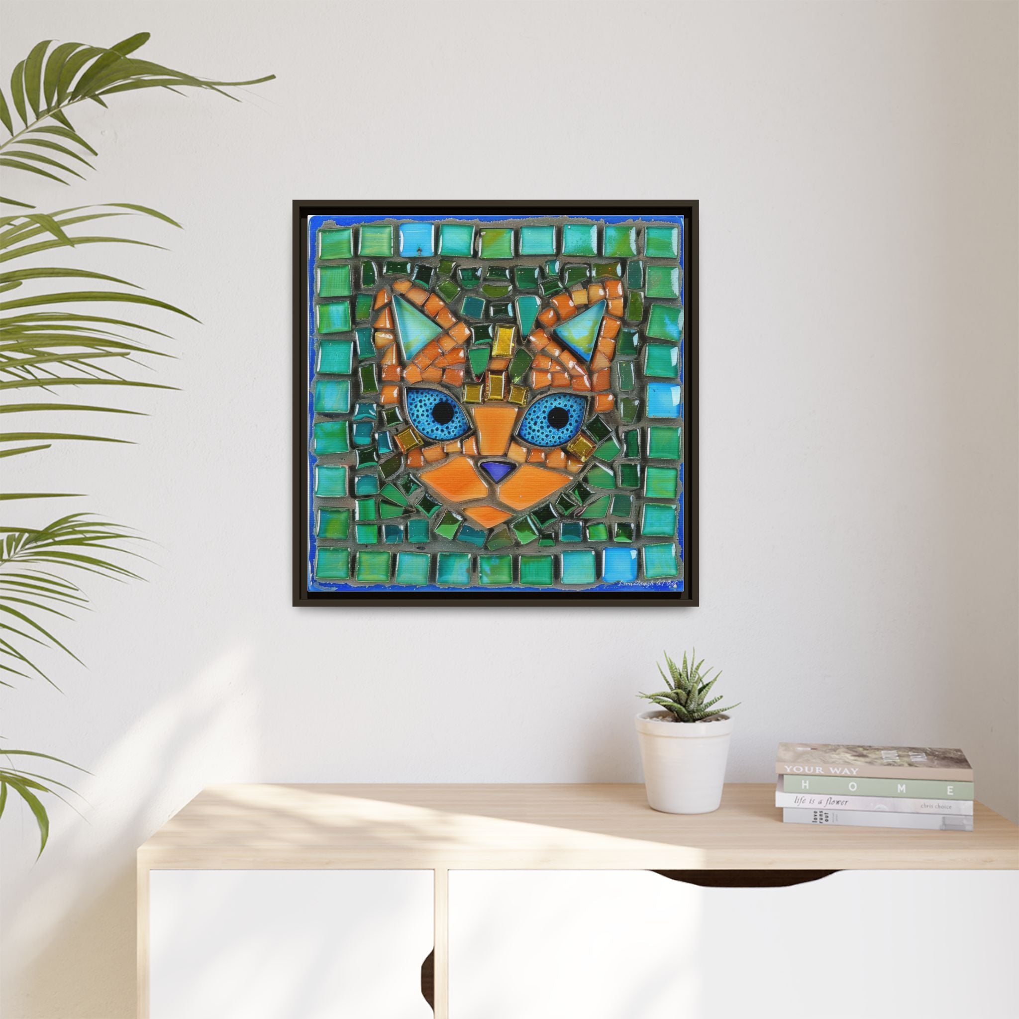 "Emerald Eyes Mosaic Cat", Framed Mosaic Cat Art Print — Colorful Modern Wall Canvas