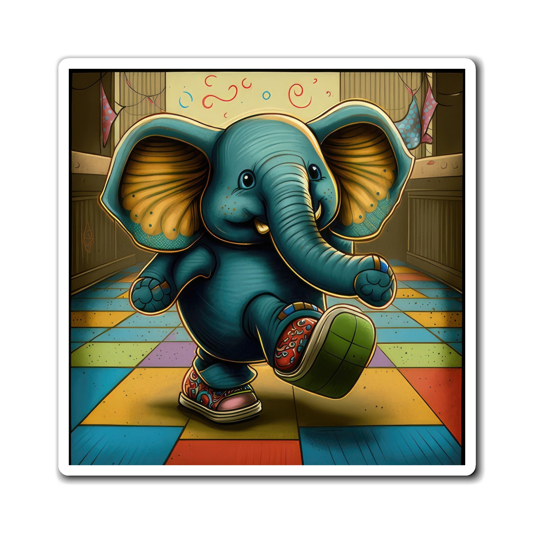 Cute Blue Elephant Kicking Foot On Colorful Checkered Floor Magnets