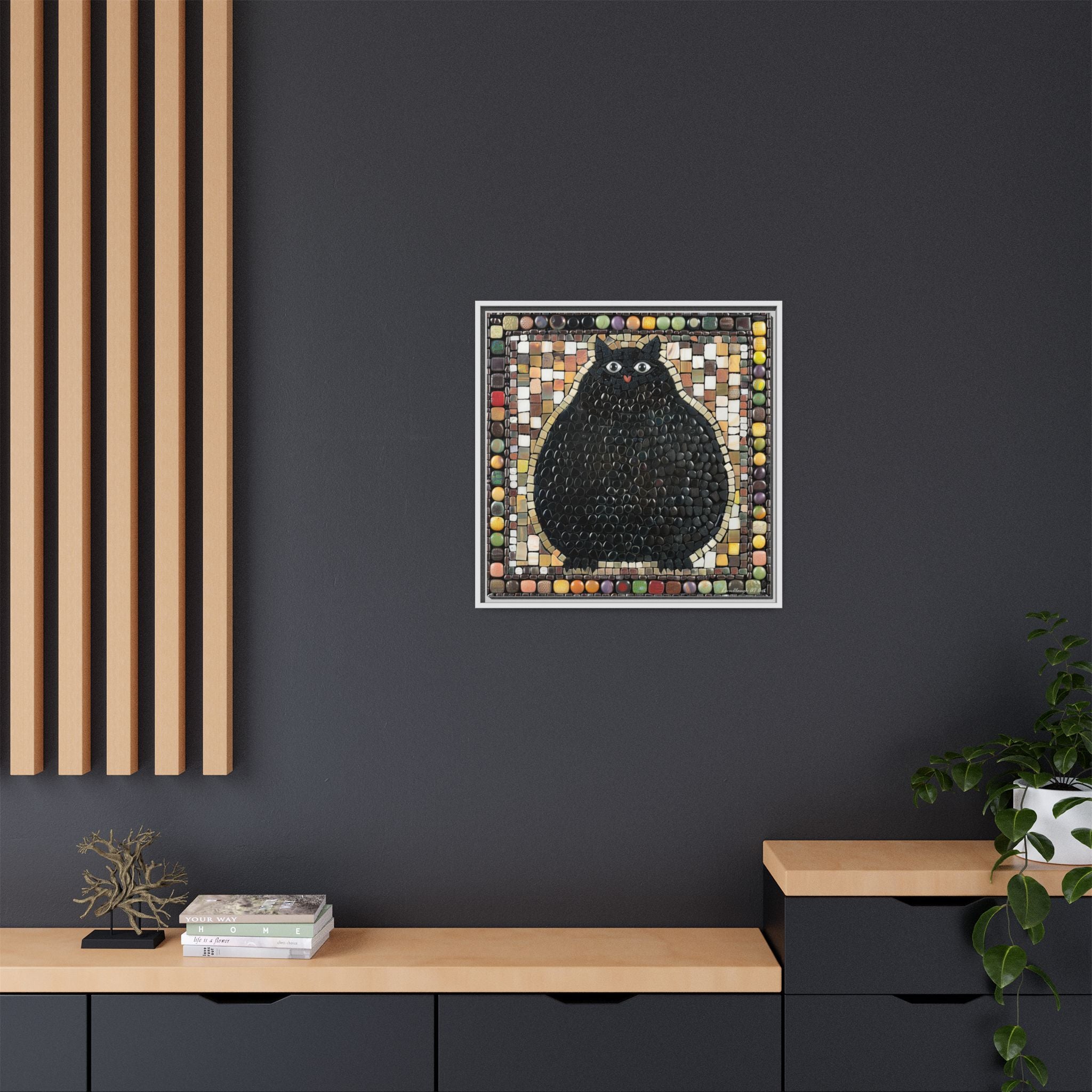 "Playful Black Cat Mosaic", Framed Mosaic Cat Art Print — Colorful Modern Wall Canvas