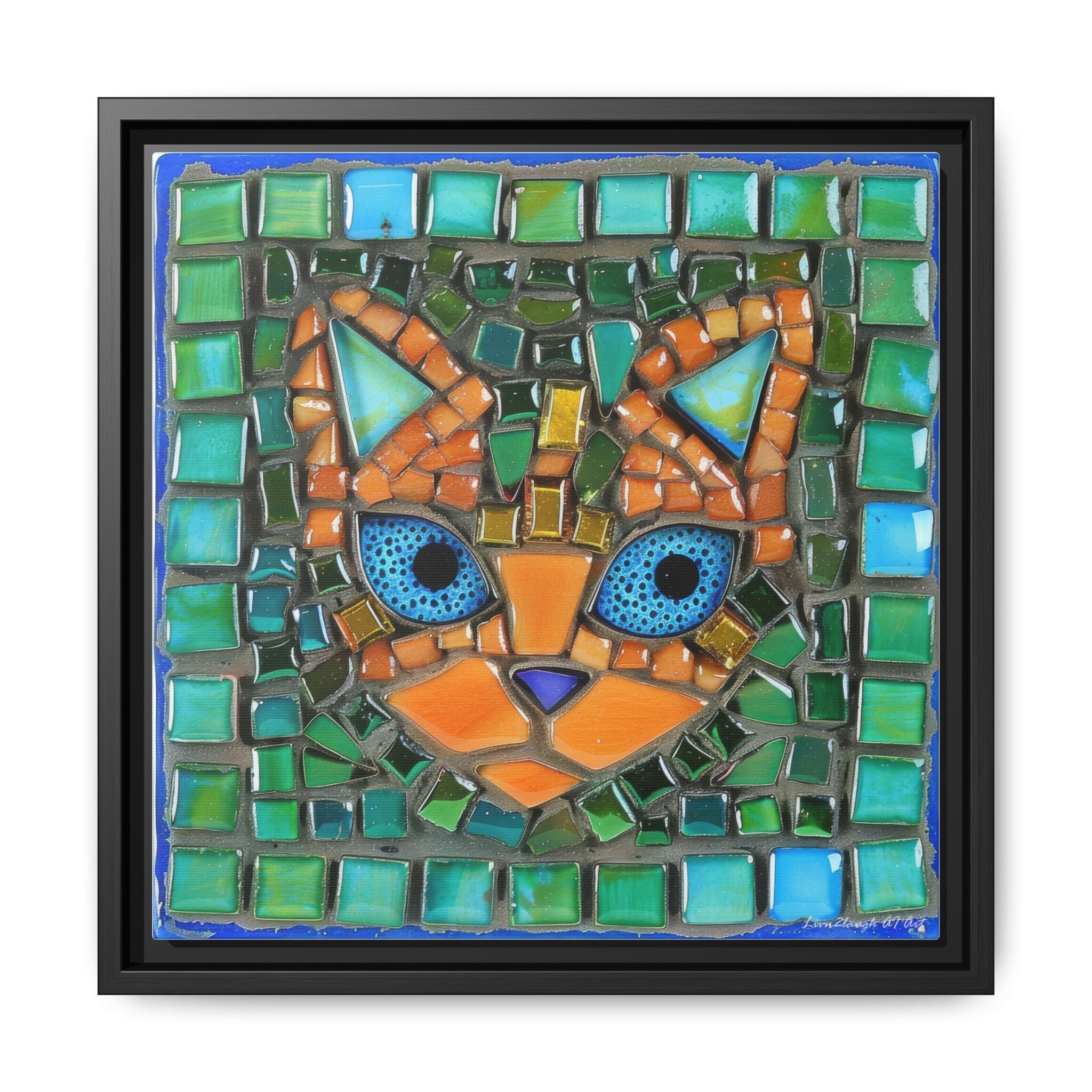 "Emerald Eyes Mosaic Cat", Framed Mosaic Cat Art Print — Colorful Modern Wall Canvas