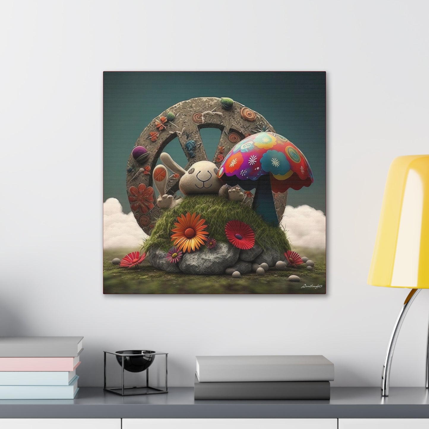 Beautiful Forest Round Peace Sign , Bunny Style Mushrooms  Flowers And Butterfly 12 Canvas Gallery Wraps