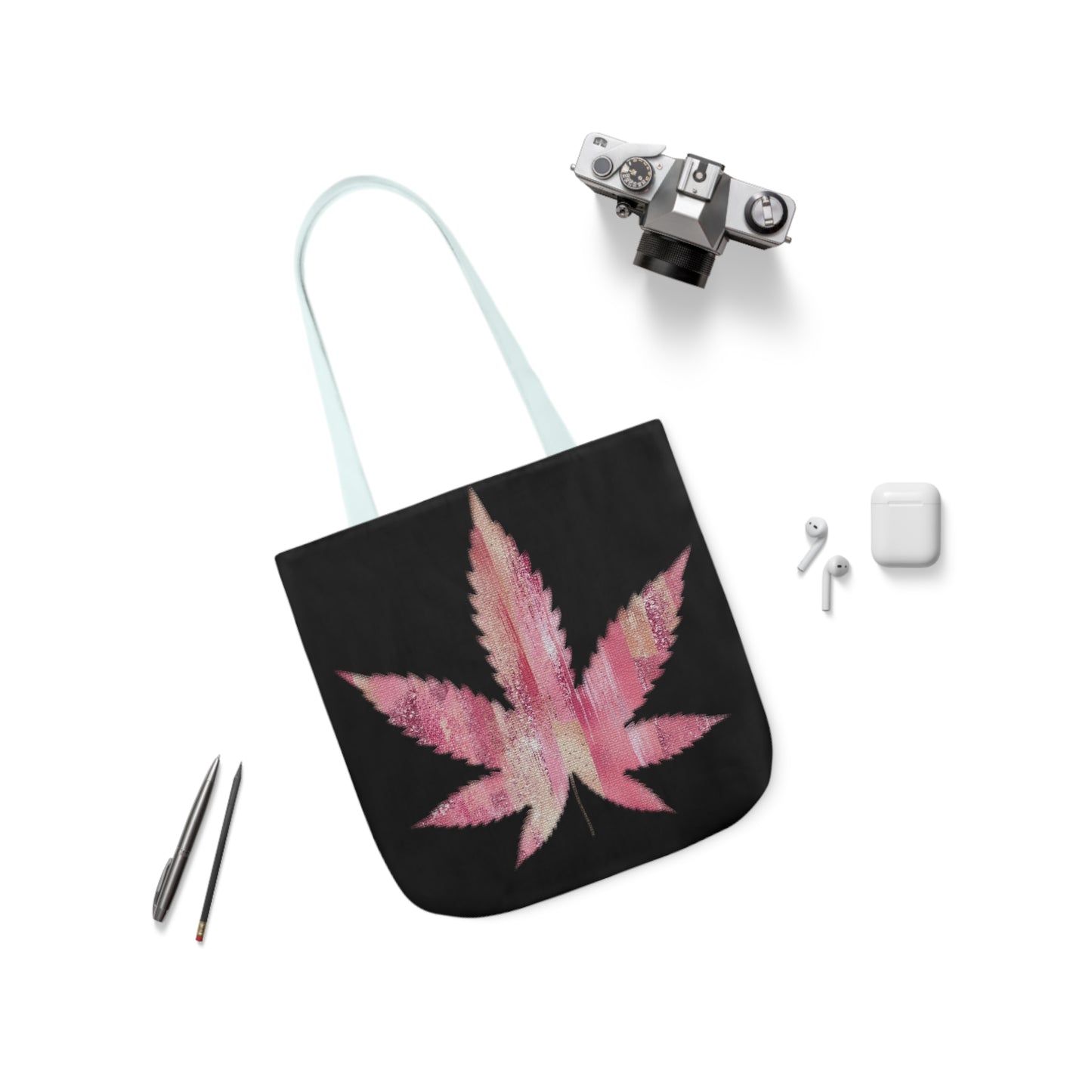 Sassy Single Pink Marijuana 420 Weed Leaf With Black Background Polyester Canvas Tote Bag (AOP)