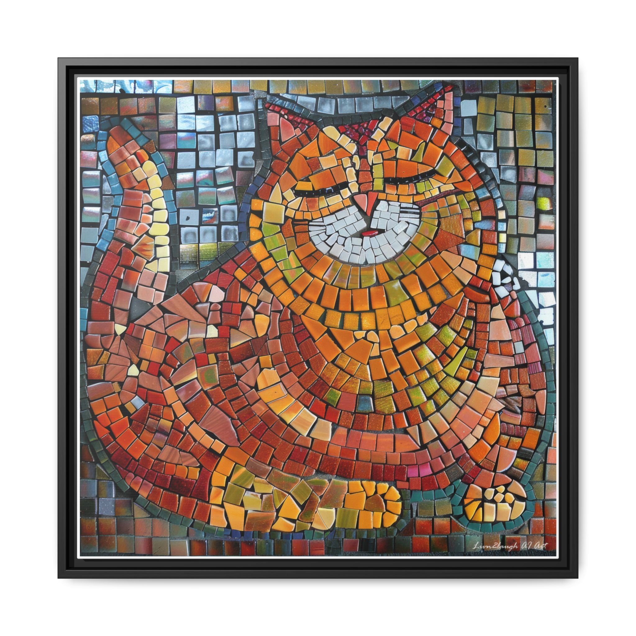 Radiant Whiskers: The Joyful Cat, Framed Mosaic Cat Art Print — Colorful Modern Wall Canvas