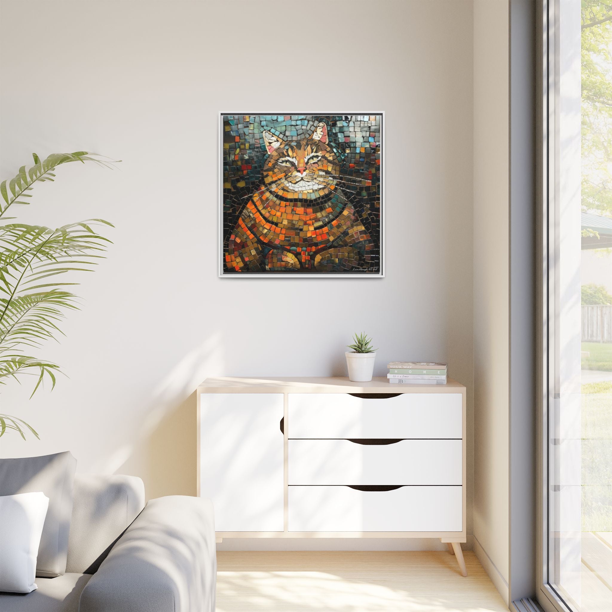 Mosaic Majesty: The Regal Cat, Framed Mosaic Cat Art Print — Colorful Modern Wall Canvas