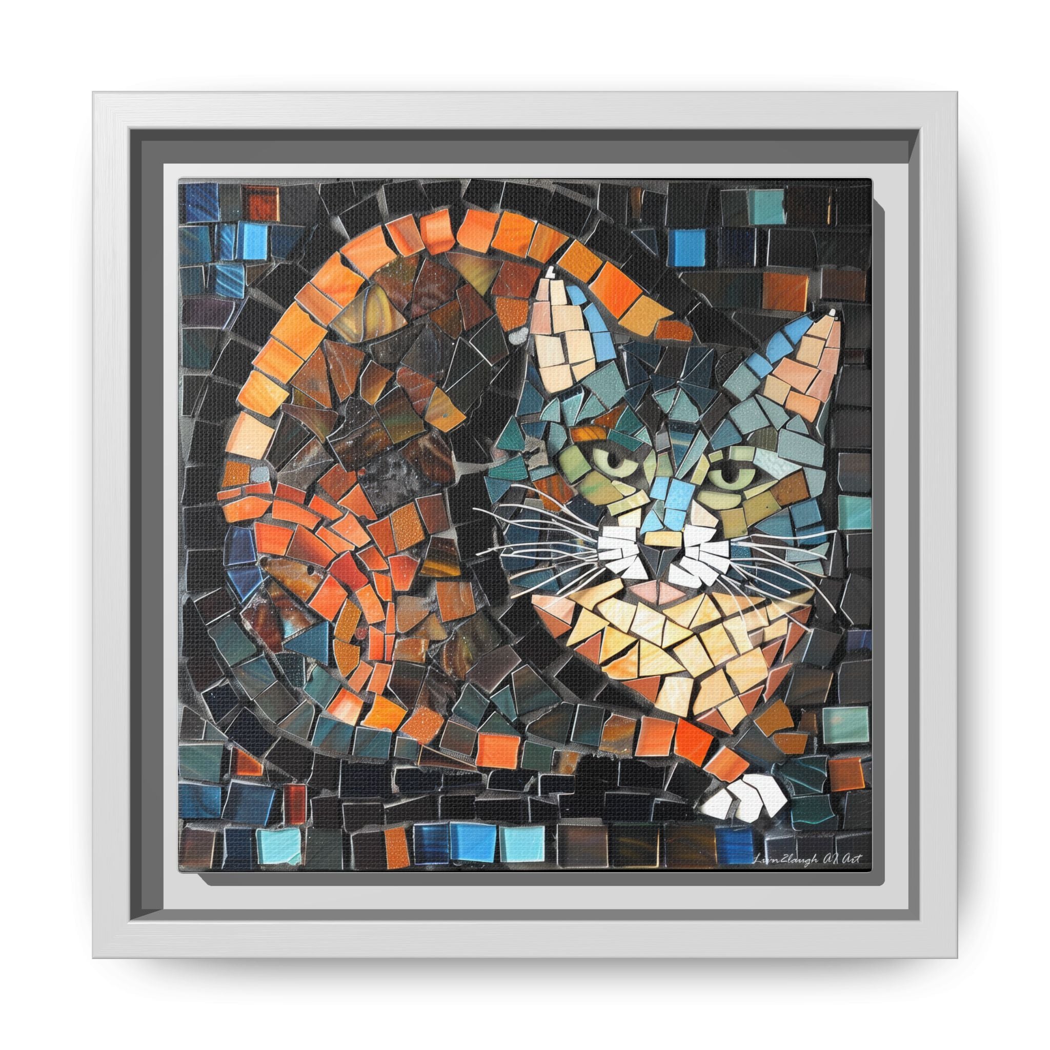 "Bold Mosaic Cat", Framed Mosaic Cat Art Print — Colorful Modern Wall Canvas