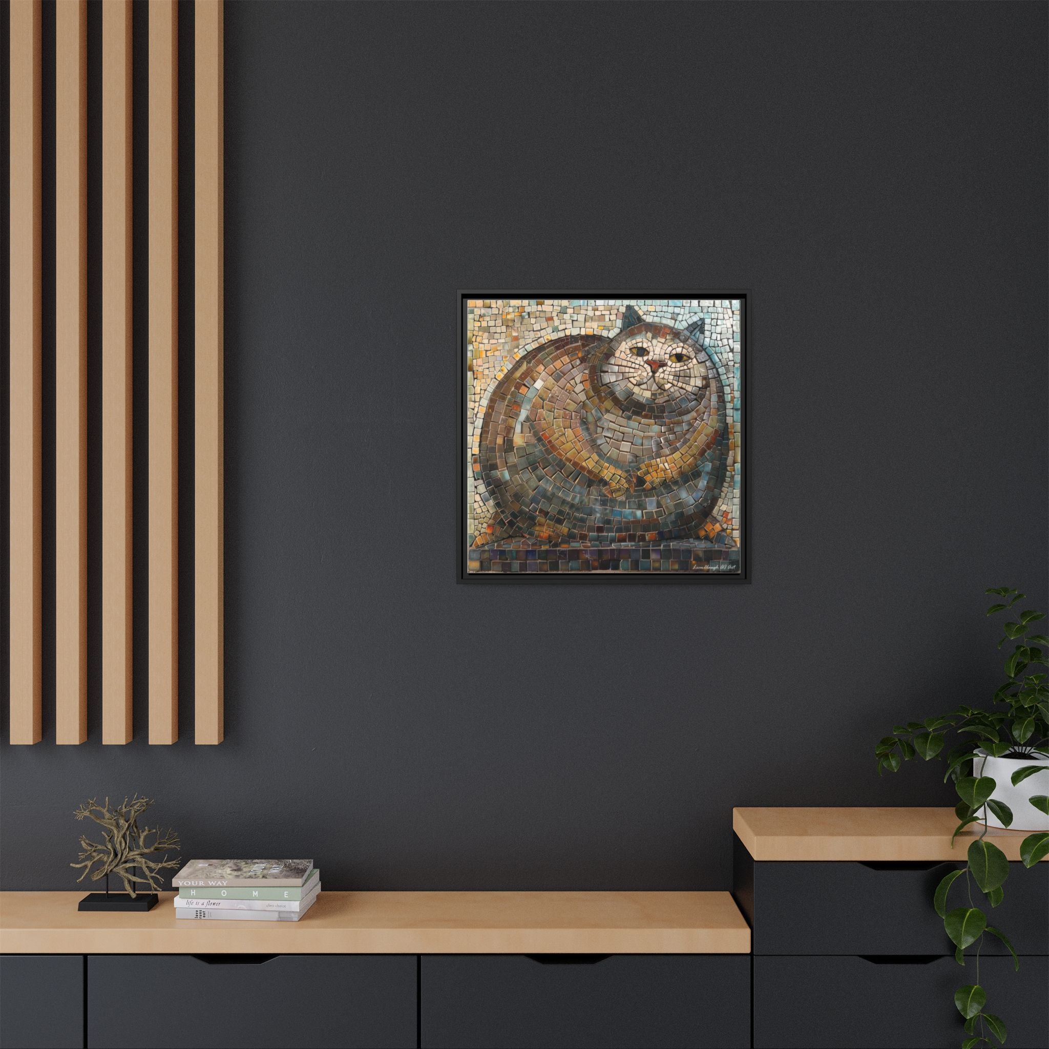 "Serene Mosaic Cat", Framed Mosaic Cat Art Print — Colorful Modern Wall Canvas
