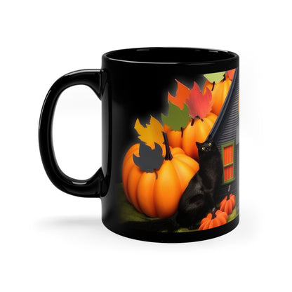 Homey Fall Time Pumpkins Theme With Black Cat 11oz Black Mug