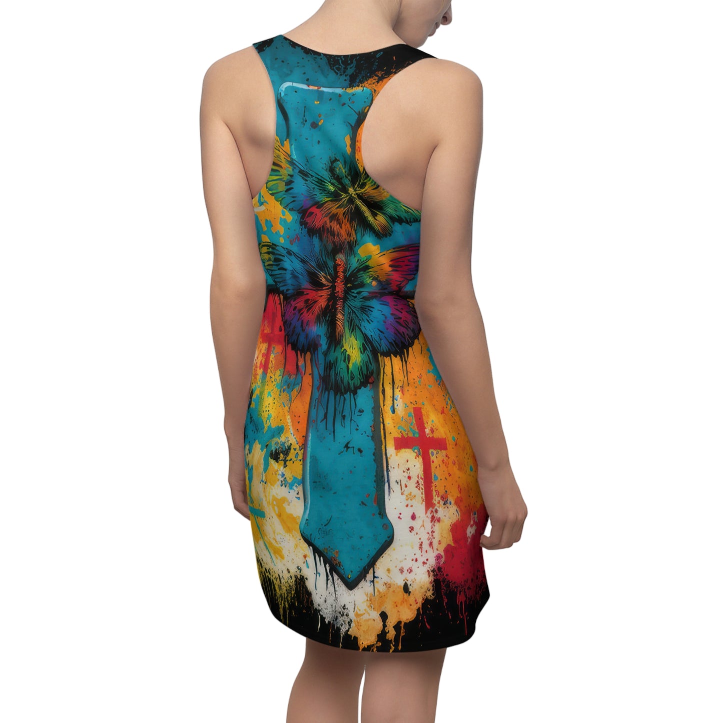 Bold And Beautiful Tie Dye Cross And Butterflies Front Style Four On Back Women's Cut & Sew Racerback Dress (AOP)