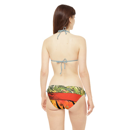 Beautiful Redish Orange Banded Marijuana 420 Pot Weed Leaf Strappy Bikini Set (AOP)