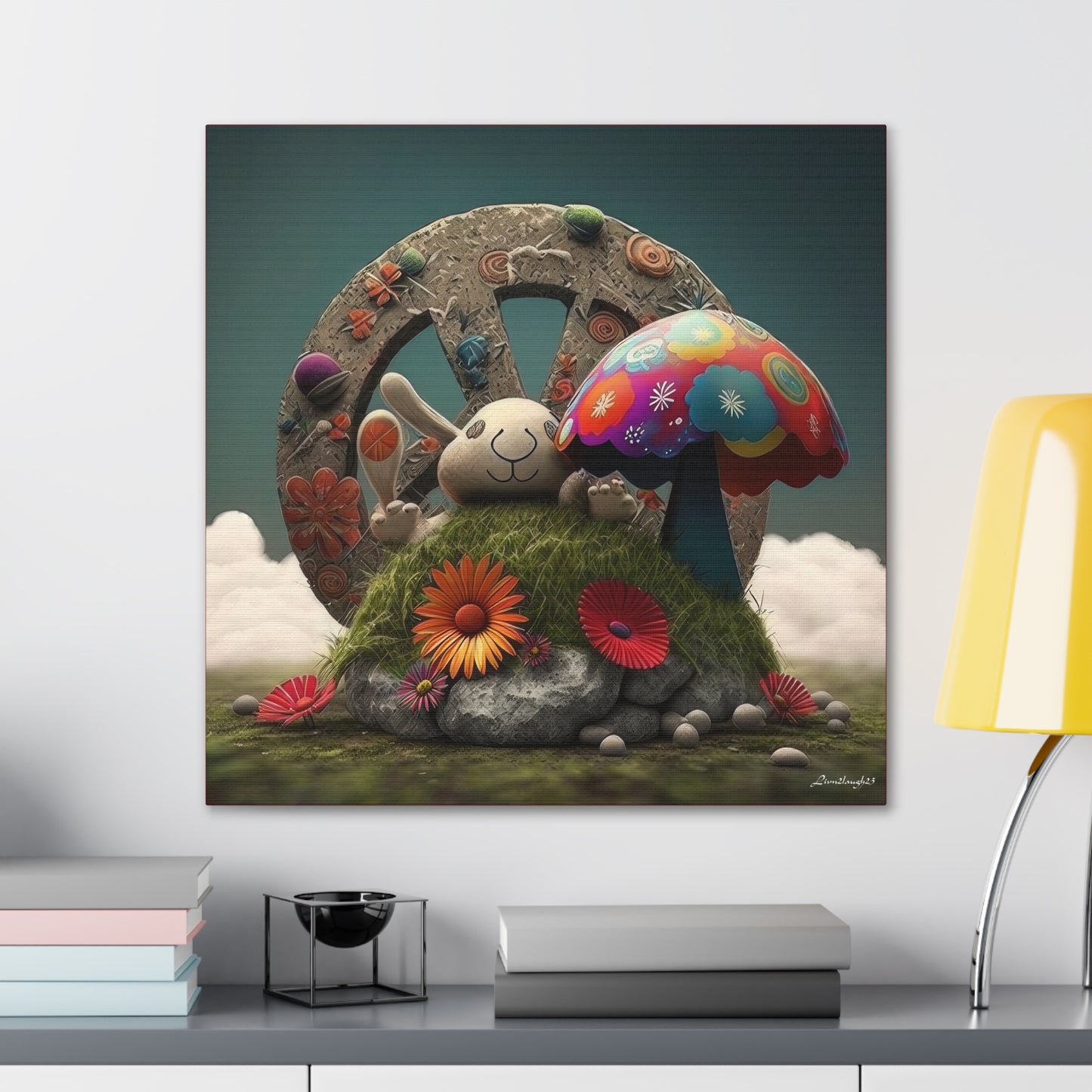 Beautiful Forest Round Peace Sign , Bunny Style Mushrooms  Flowers And Butterfly 12 Canvas Gallery Wraps