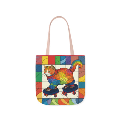Gorgeous Rainbow Cat Riding A Skate/Skateboard With Rainbow Border Polyester Canvas Tote Bag (AOP)