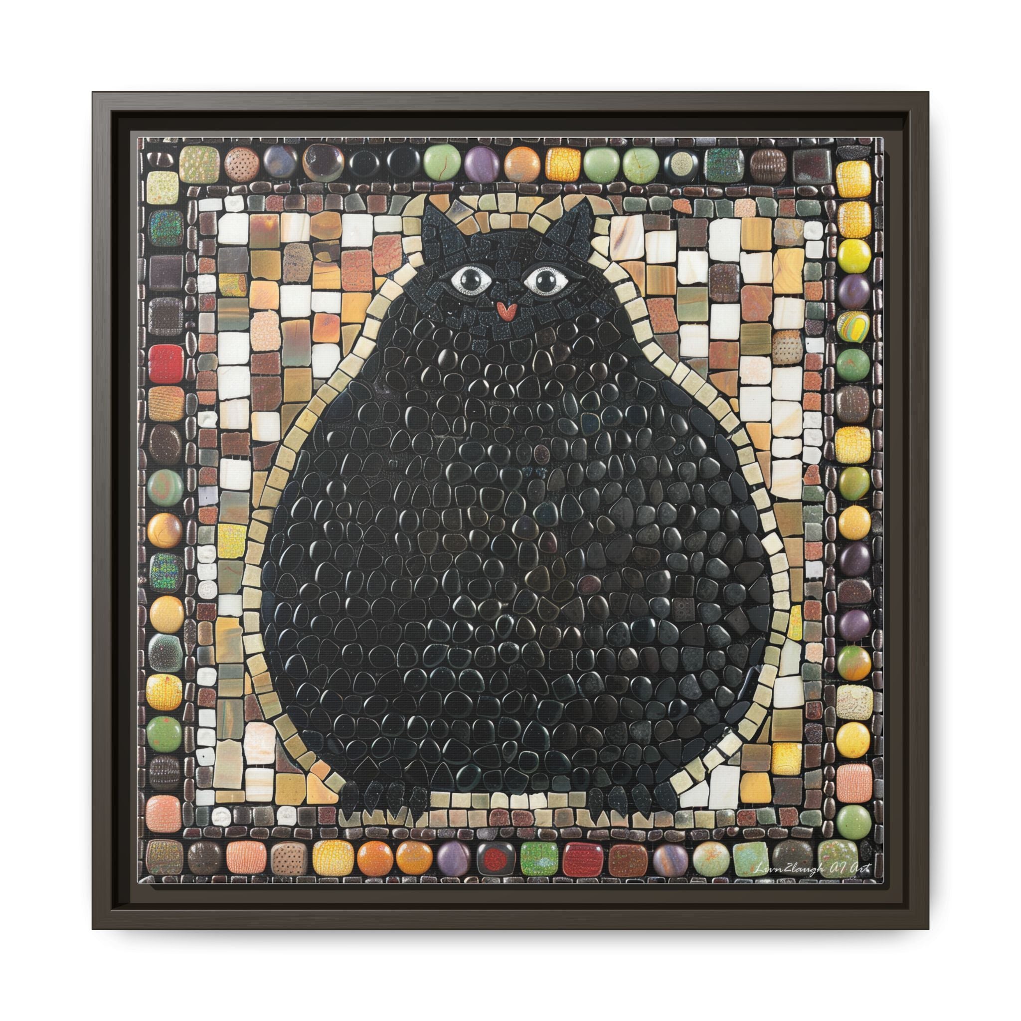 "Playful Black Cat Mosaic", Framed Mosaic Cat Art Print — Colorful Modern Wall Canvas
