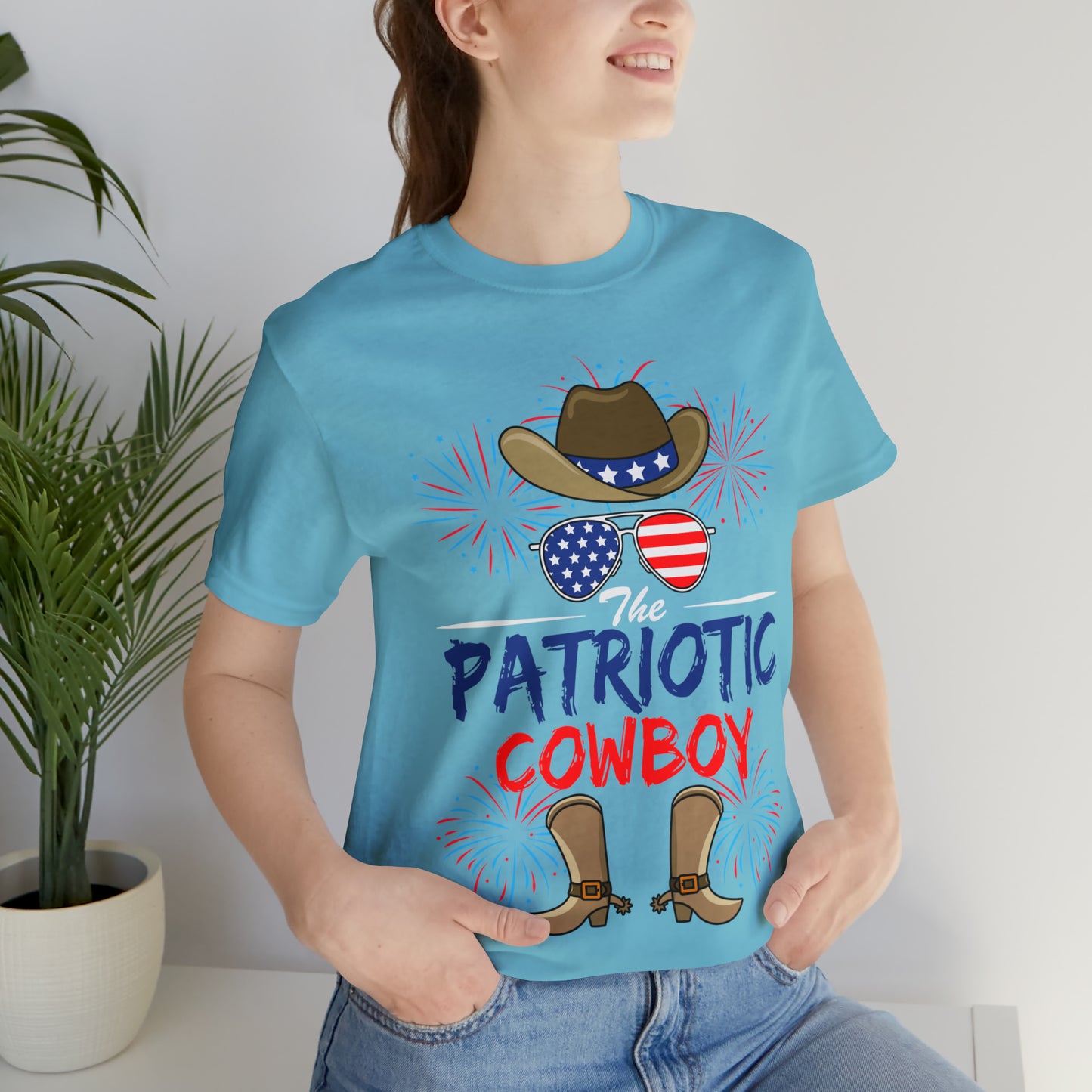 Patriotic Cowboy, American Flag 'Glasses, Cowboy Hat and Boots, Fourth of July 4th Unisex Jersey Short Sleeve Tee