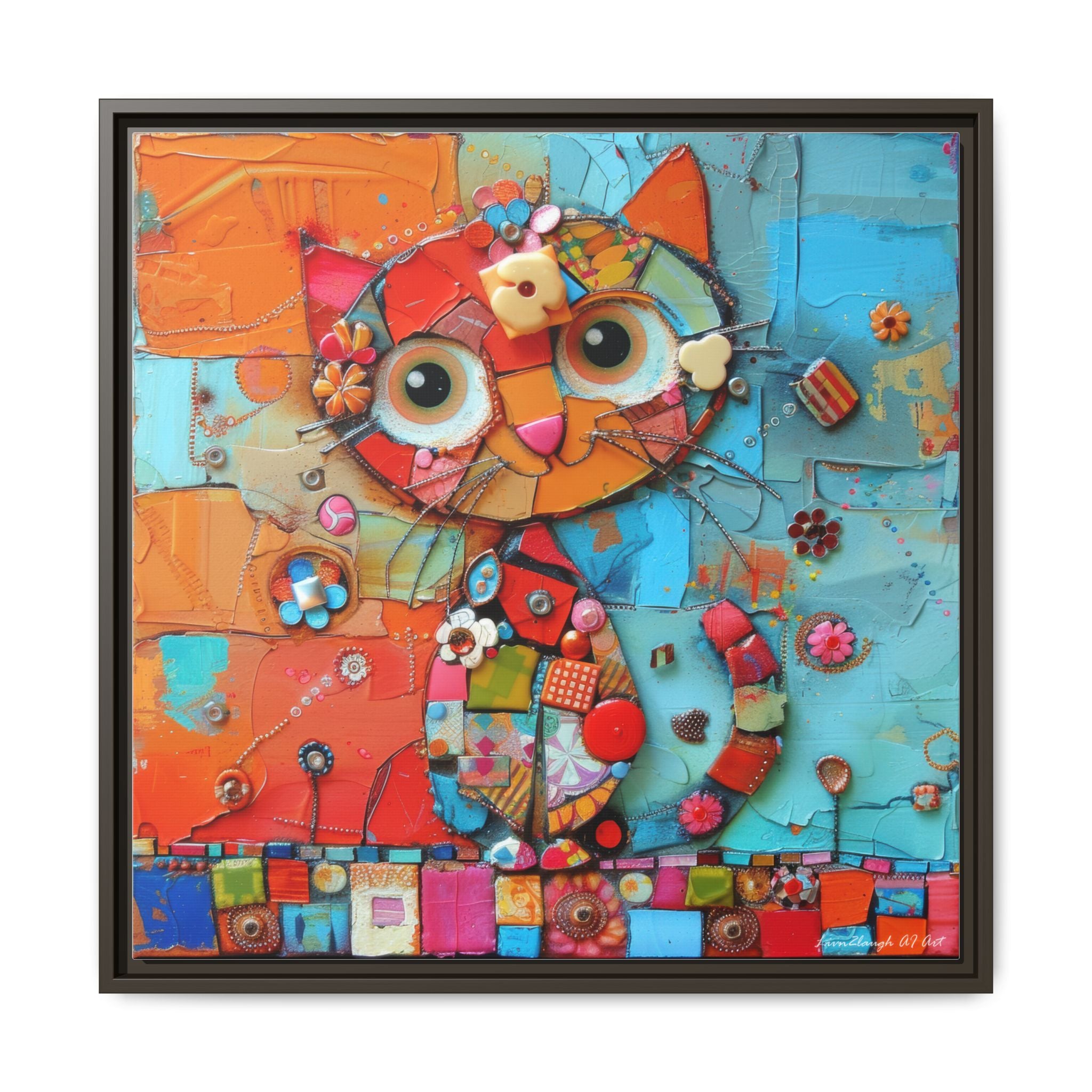 "Whimsical Mosaic Cat", Framed Mosaic Cat Art Print — Colorful Modern Wall Canvas