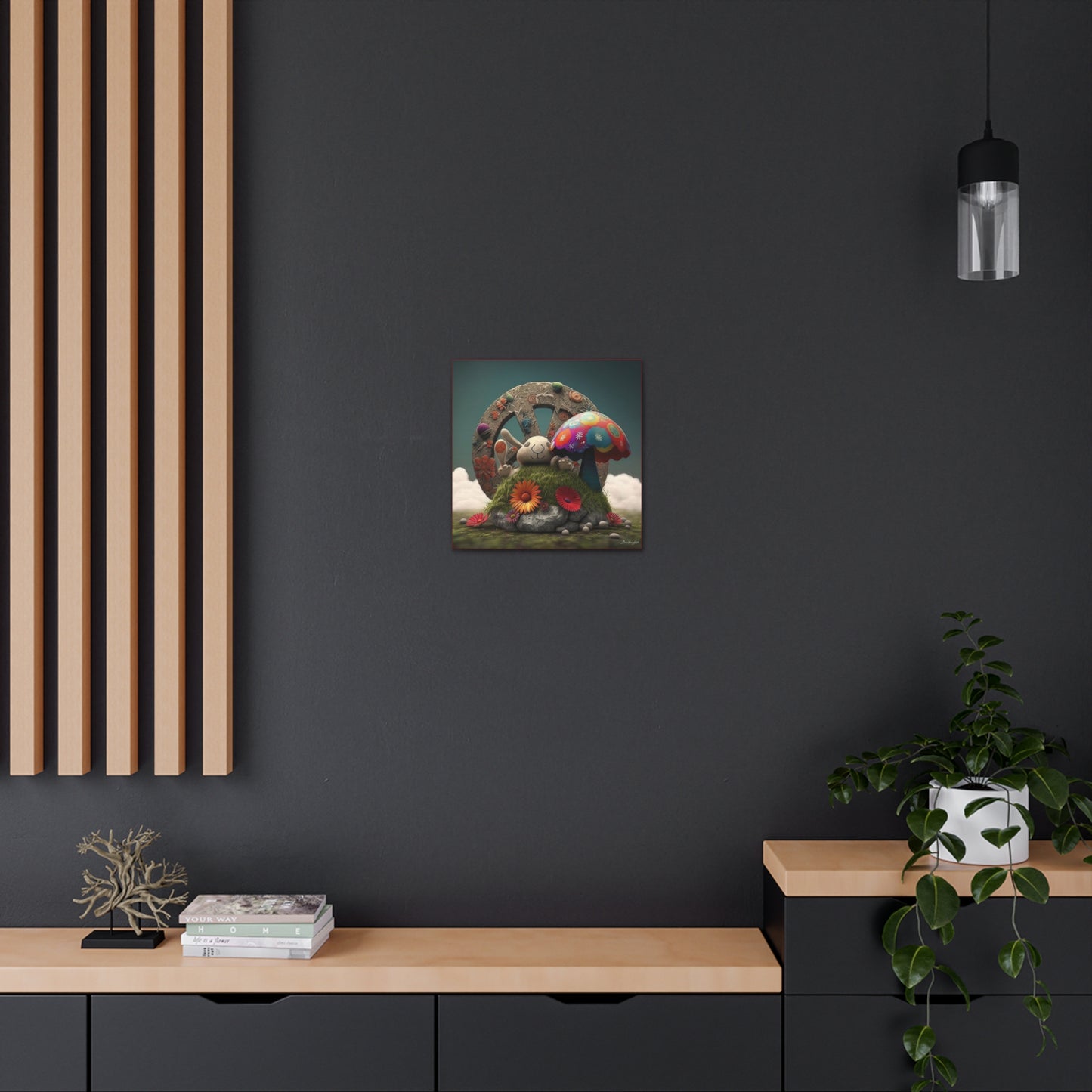 Beautiful Forest Round Peace Sign , Bunny Style Mushrooms  Flowers And Butterfly 12 Canvas Gallery Wraps