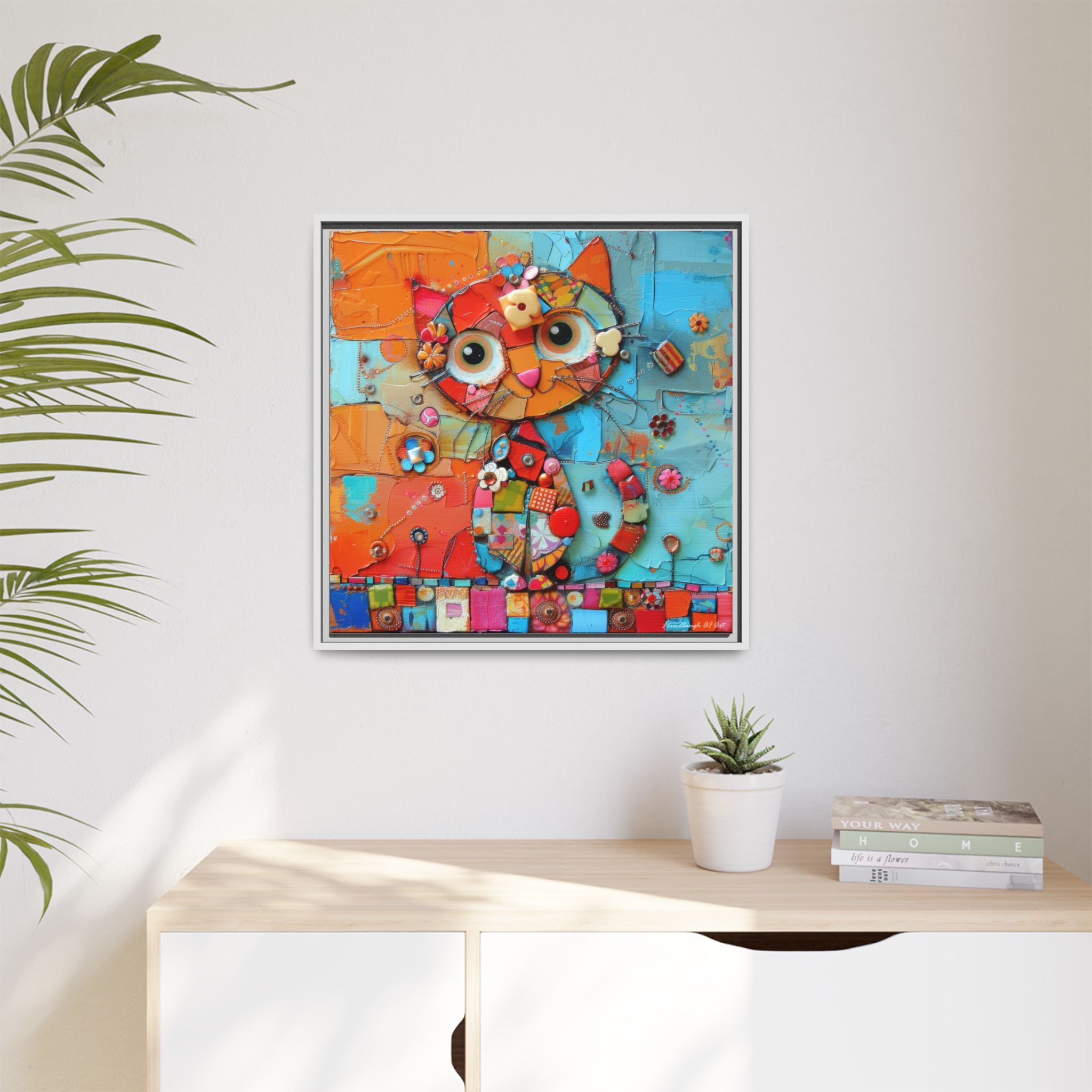 "Whimsical Mosaic Cat", Framed Mosaic Cat Art Print — Colorful Modern Wall Canvas
