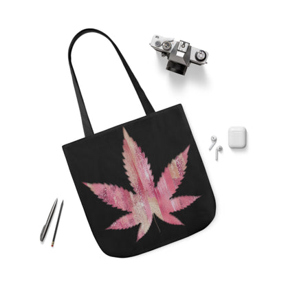 Sassy Single Pink Marijuana 420 Weed Leaf With Black Background Polyester Canvas Tote Bag (AOP)