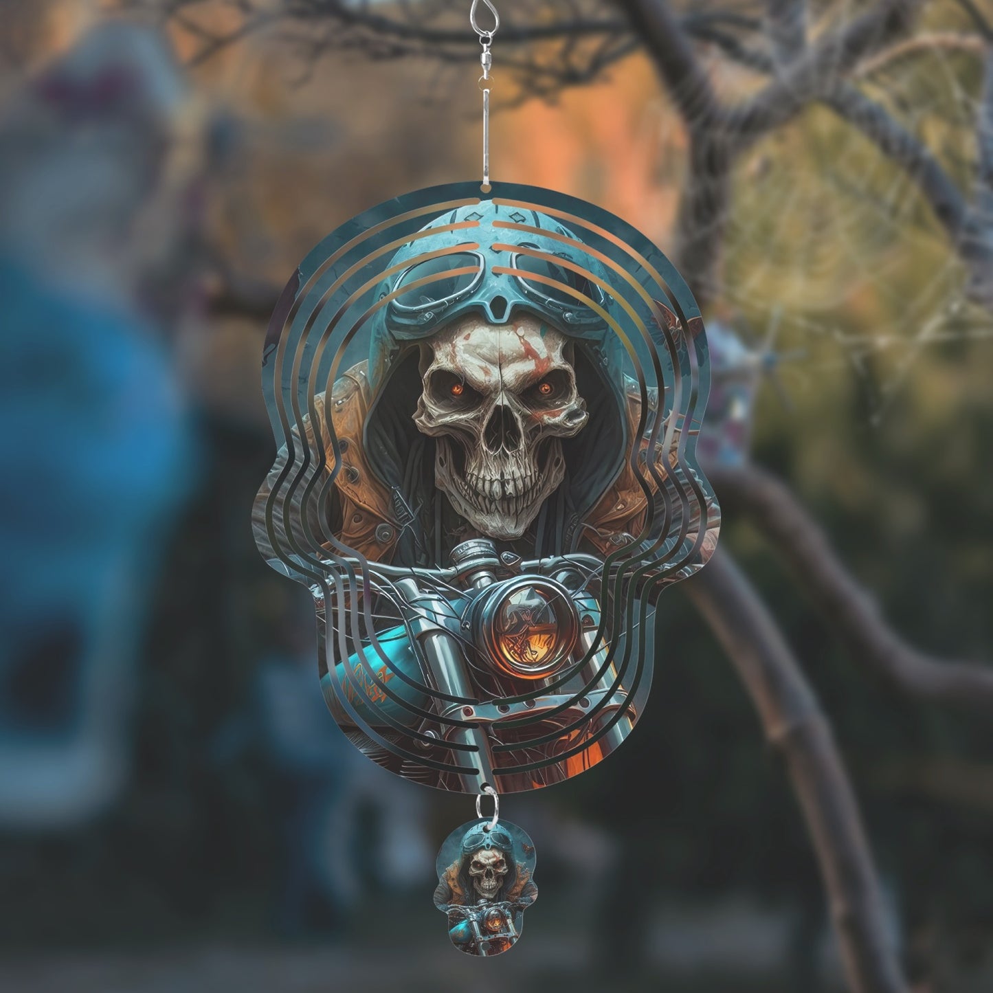 Skull Biker On Motorcycle on a  Skull Wind Spinner