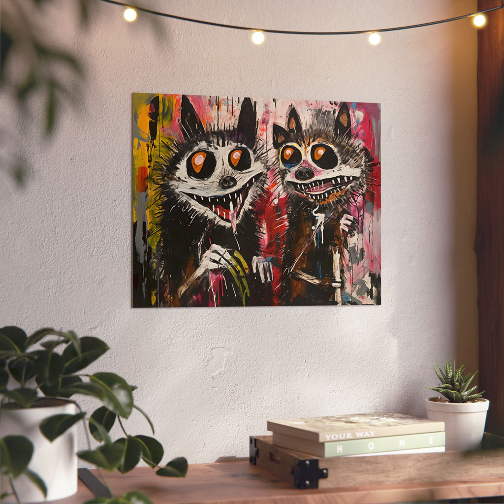 Doodle Abstract Wide Eye Racoons With Colorful Grey Pink Yellow Background By DaFlowerChild Aluminum Composite Panels