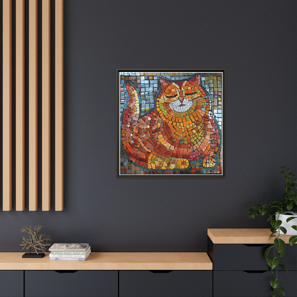 Radiant Whiskers: The Joyful Cat, Framed Mosaic Cat Art Print — Colorful Modern Wall Canvas