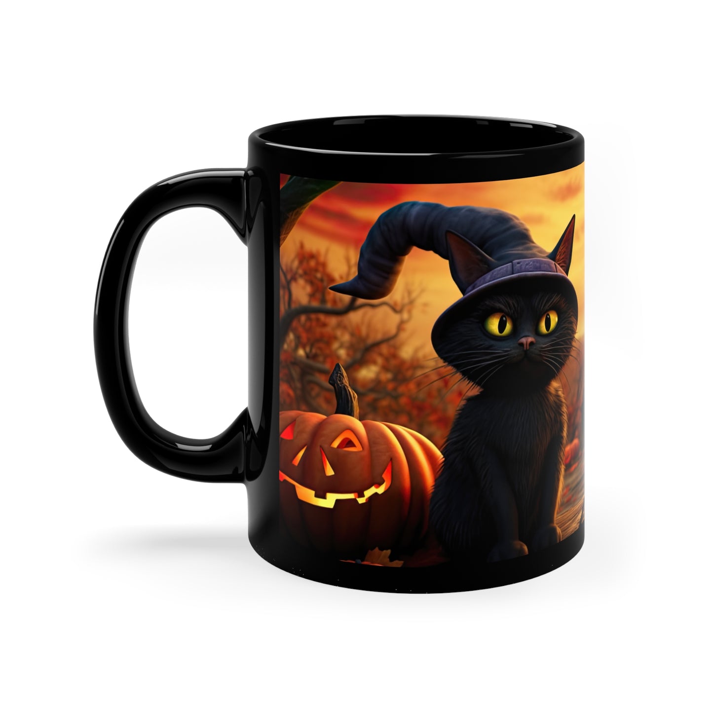 Witch Cat With Breathtaking Fall Time Schoolhouse/Church With Smile Carved Halloween Pumpkins 11oz Black Mug