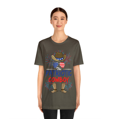 Patriotic Cowboy, American Flag 'Glasses, Cowboy Hat and Boots, Fourth of July 4th Unisex Jersey Short Sleeve Tee