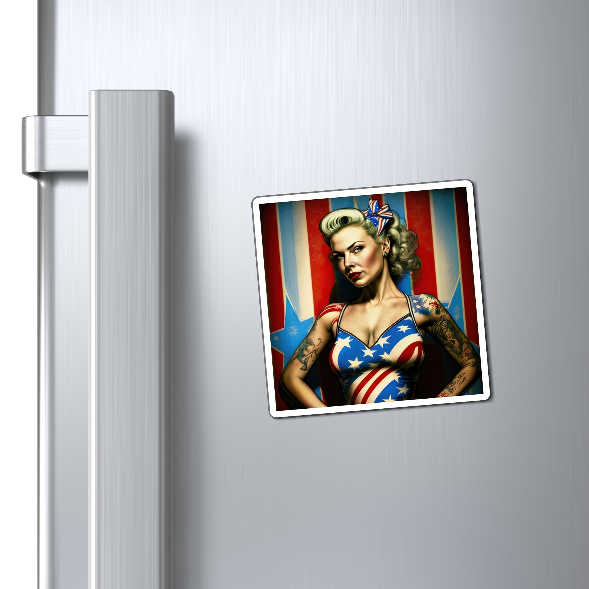 Retro Tattooed Pinup Blue, Red And White Star Magnet Style Six