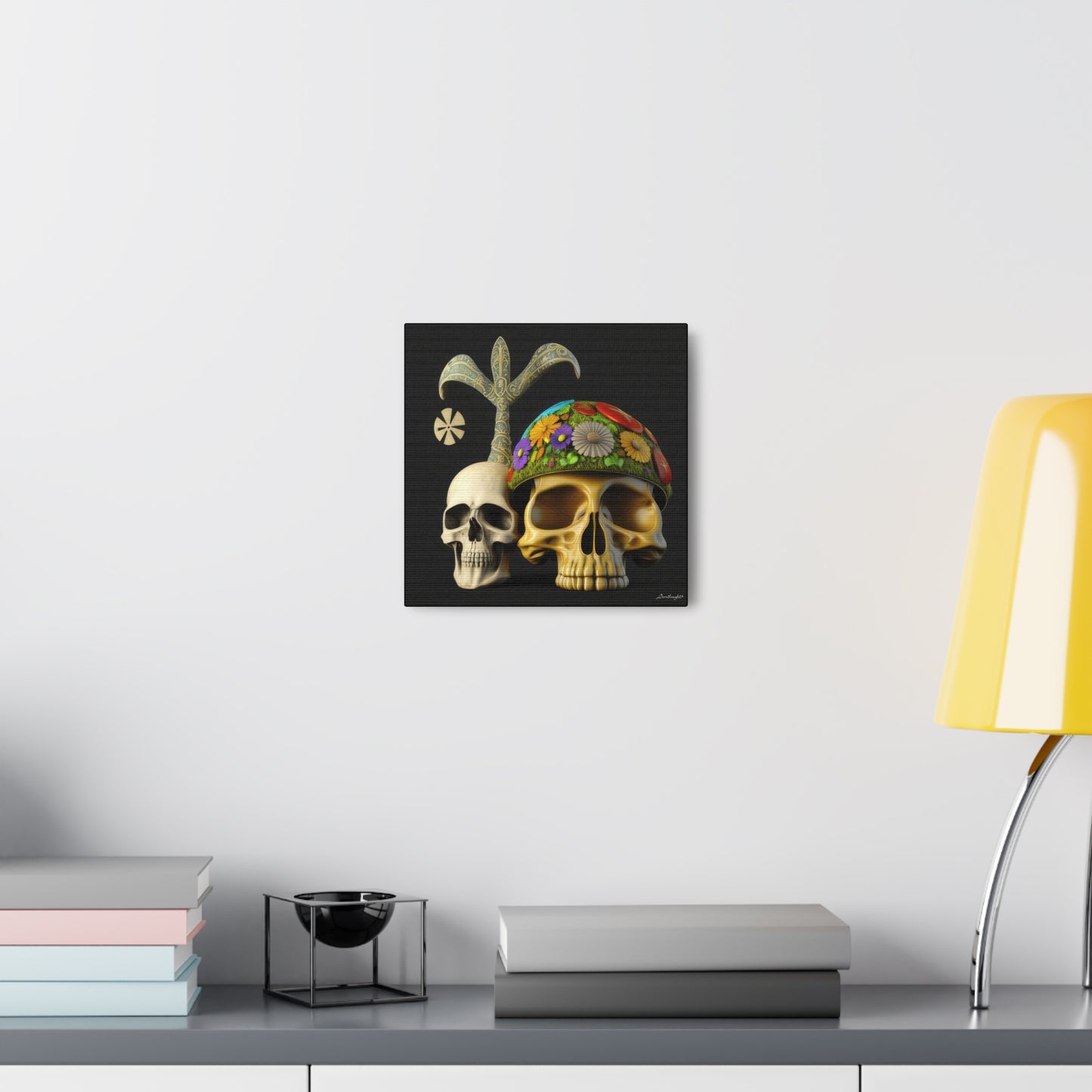 Double Skull With Yellow White Purple Flowers Canvas Gallery Wraps