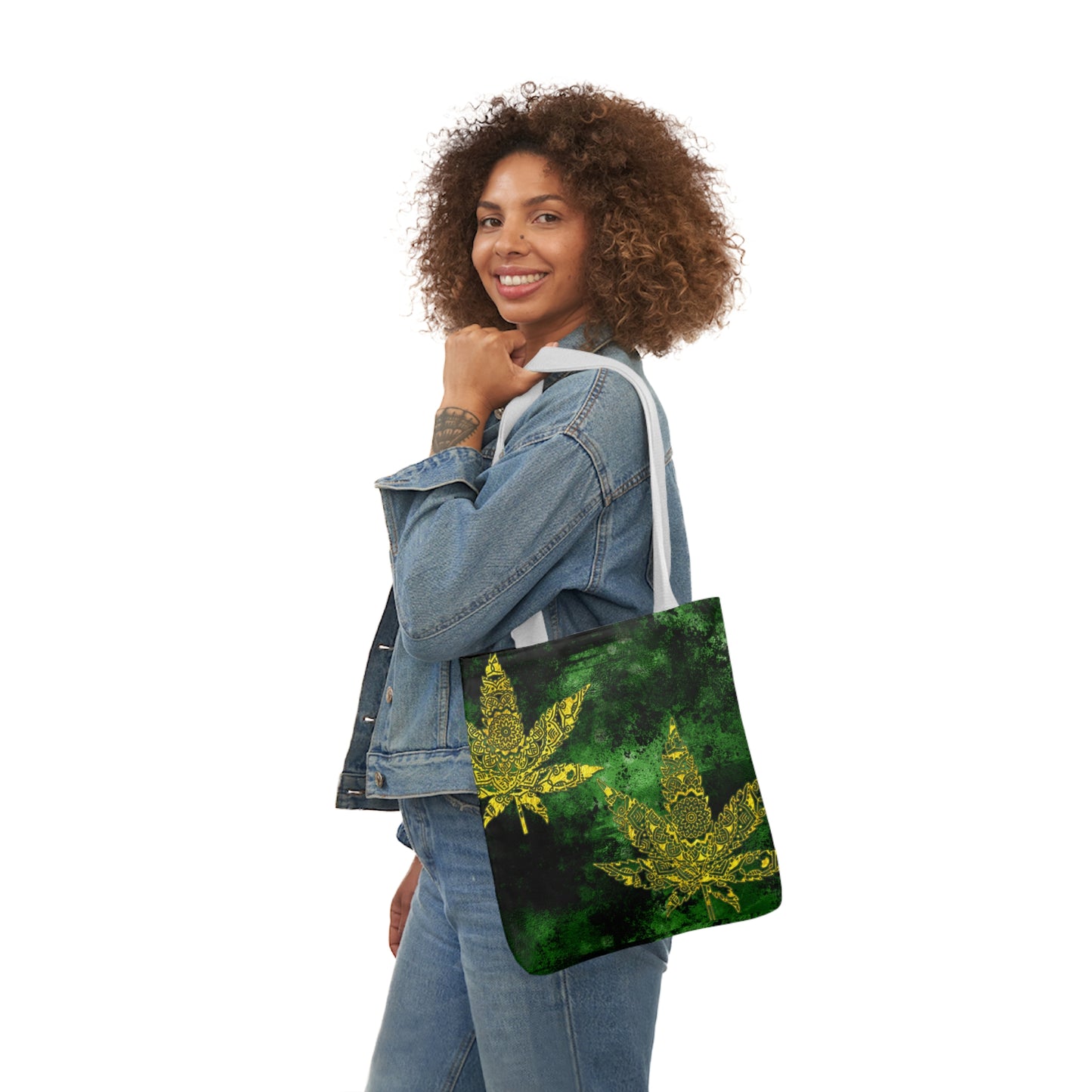 Gorgeous Designed Gold Leaf With multigreen Background Marijuana Pot Weed 420 Polyester Canvas Tote Bag (AOP)