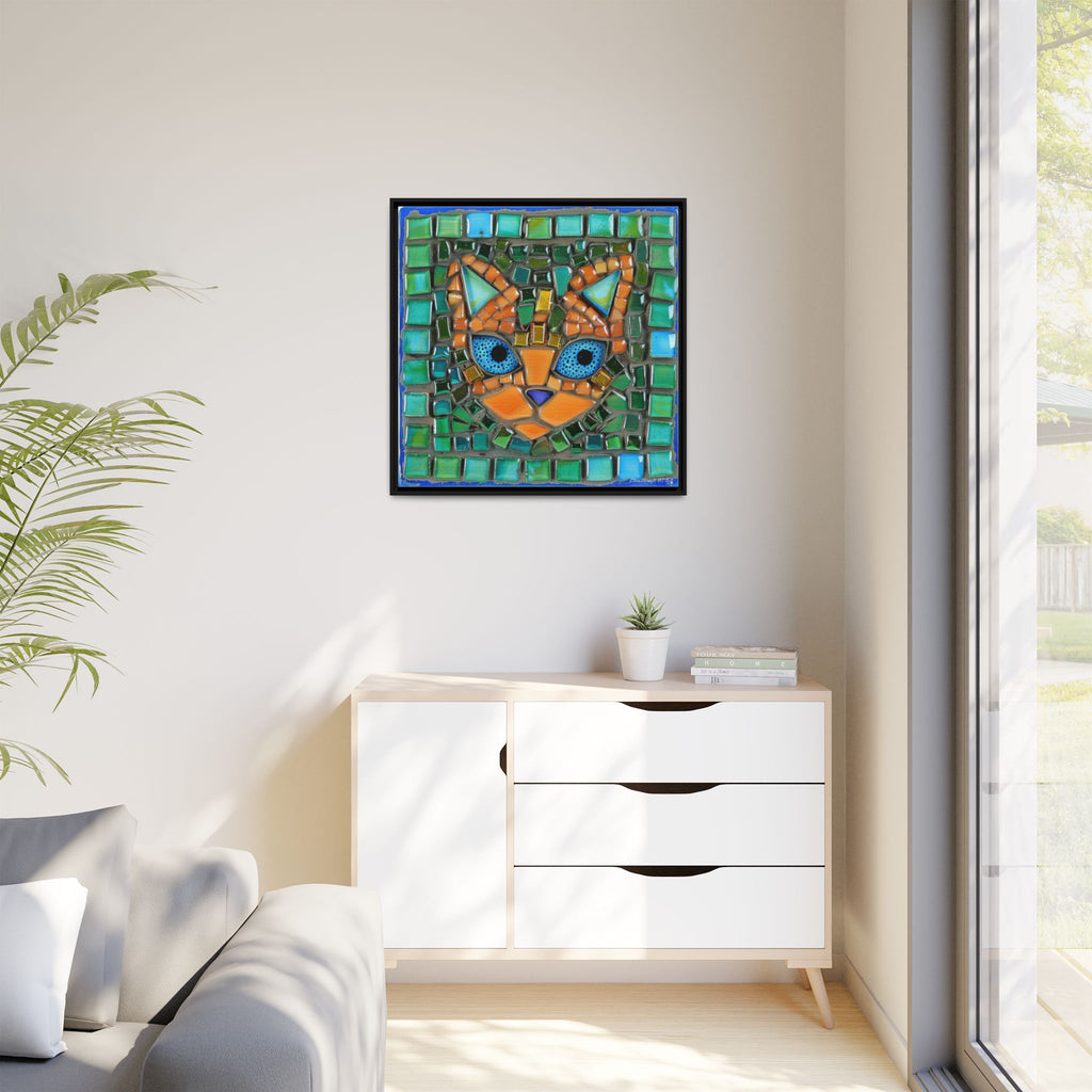 "Emerald Eyes Mosaic Cat", Framed Mosaic Cat Art Print — Colorful Modern Wall Canvas