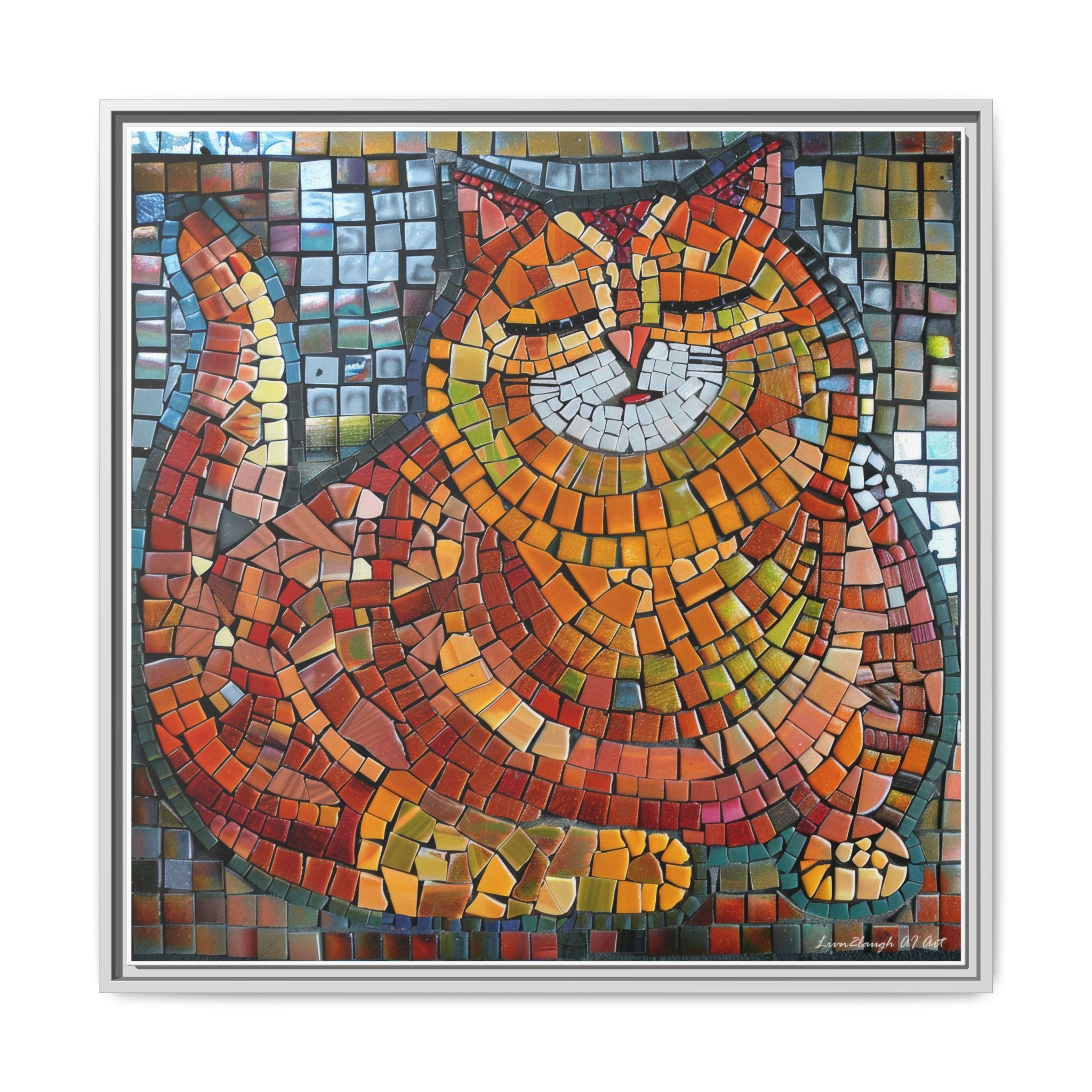 Radiant Whiskers: The Joyful Cat, Framed Mosaic Cat Art Print — Colorful Modern Wall Canvas