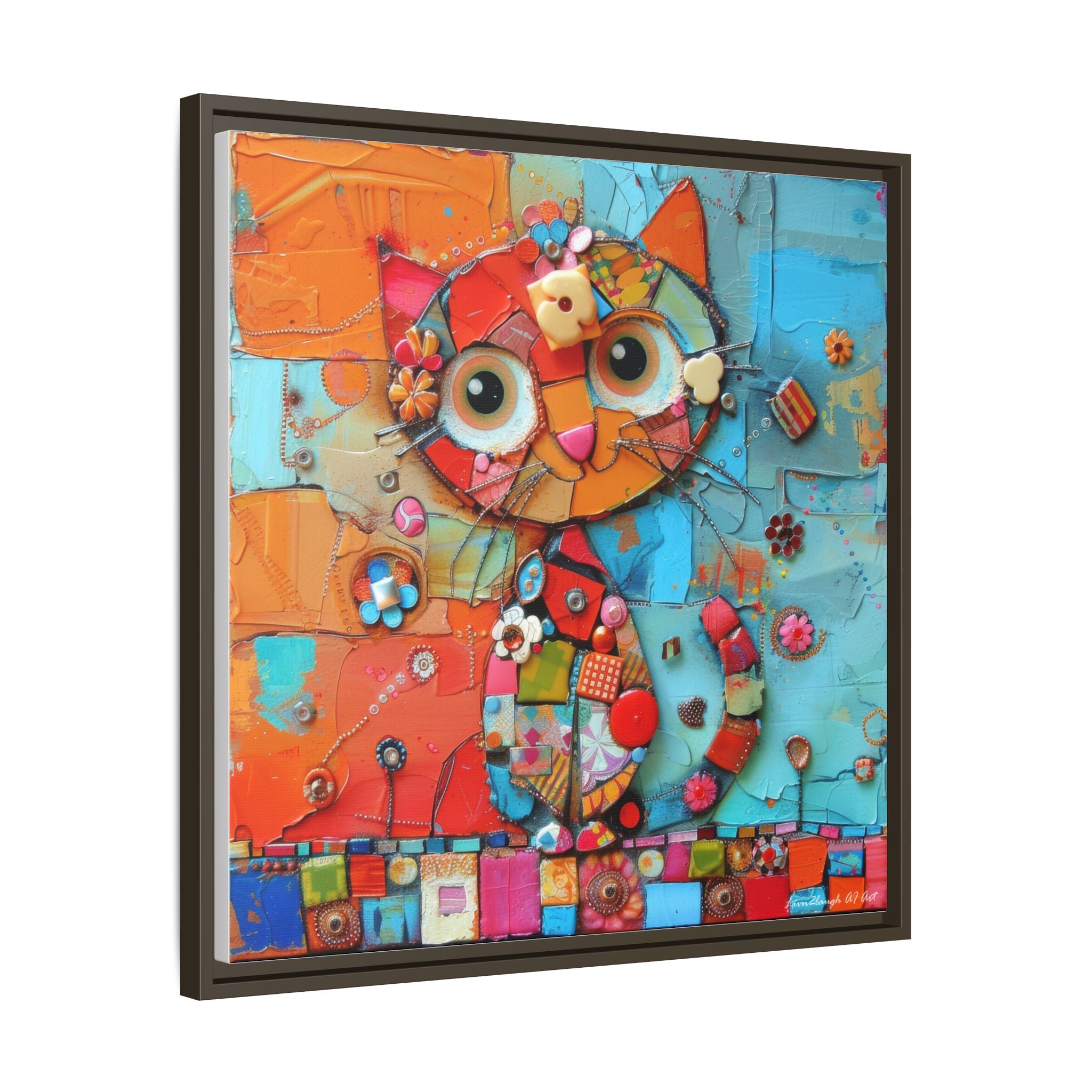 "Whimsical Mosaic Cat", Framed Mosaic Cat Art Print — Colorful Modern Wall Canvas