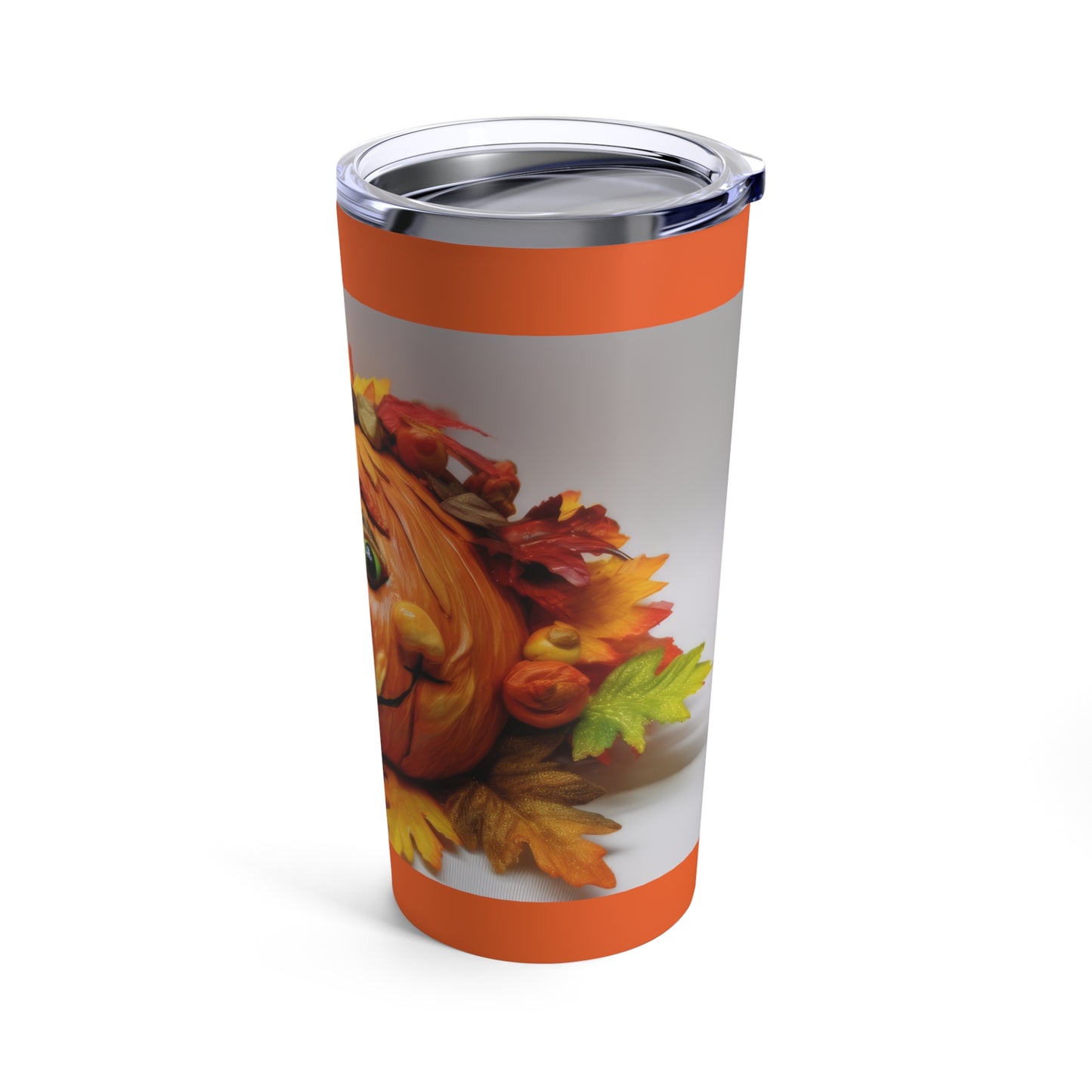 Fall-Halloween Cute Decorated Faced Pumpkin With Fall Color Leaves Tumbler 20oz