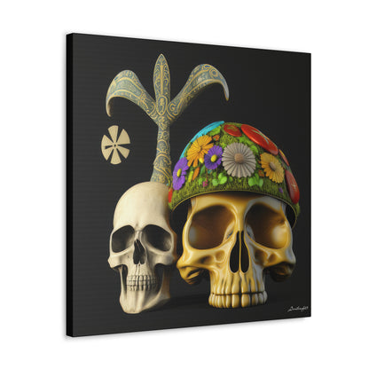 Double Skull With Yellow White Purple Flowers Canvas Gallery Wraps