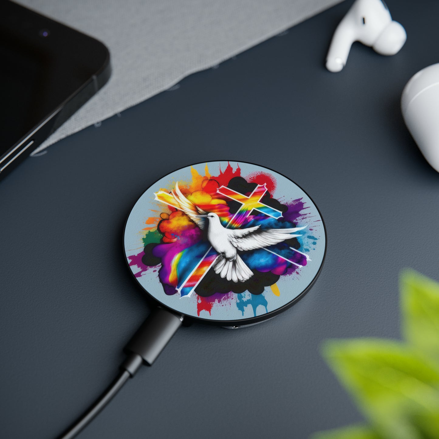 Bold And Beautiful Tie Dye Dove And Cross Style 12 Magnetic Induction Charger