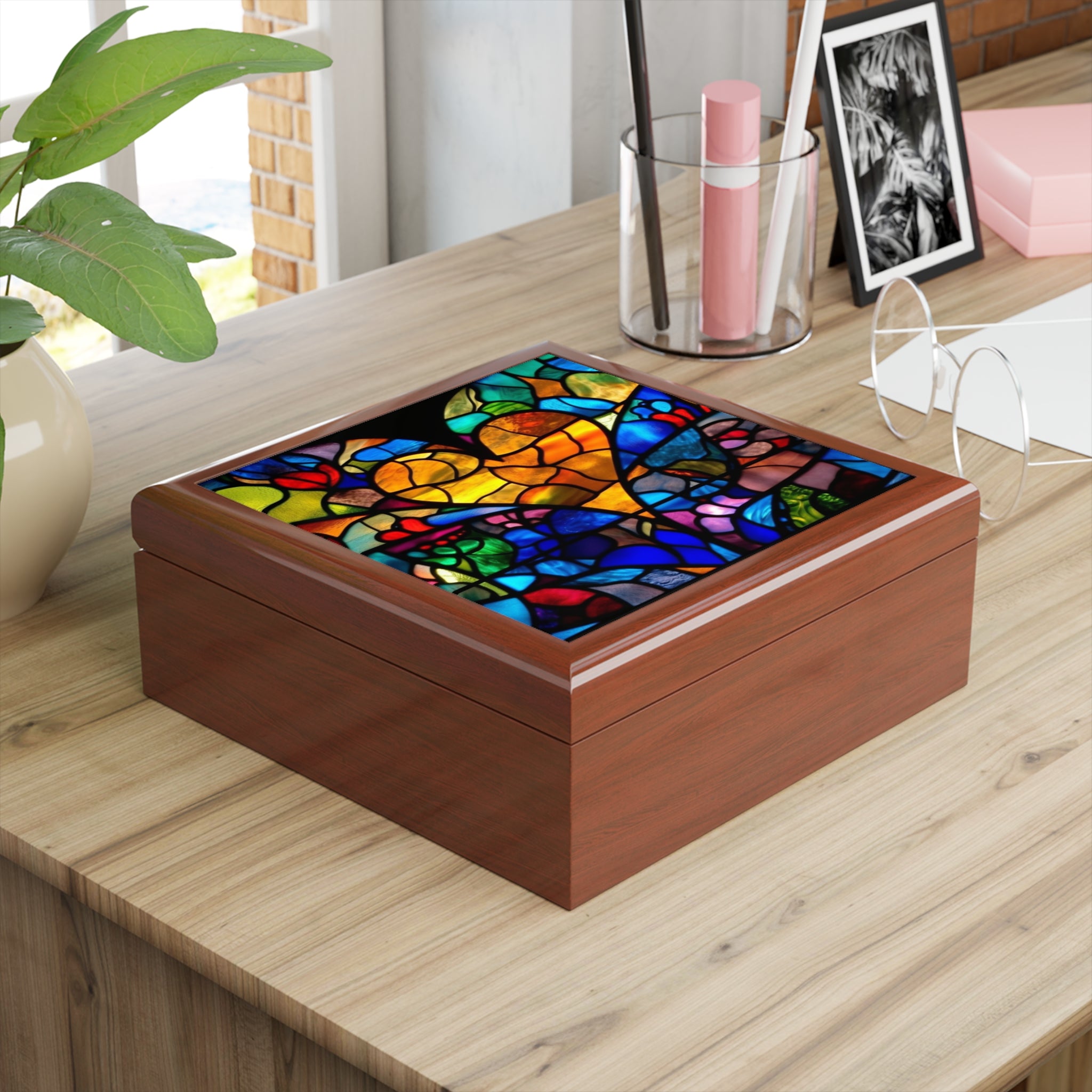 Stained Glass Blue Background Amazing Yellow Heart Jewelry Box