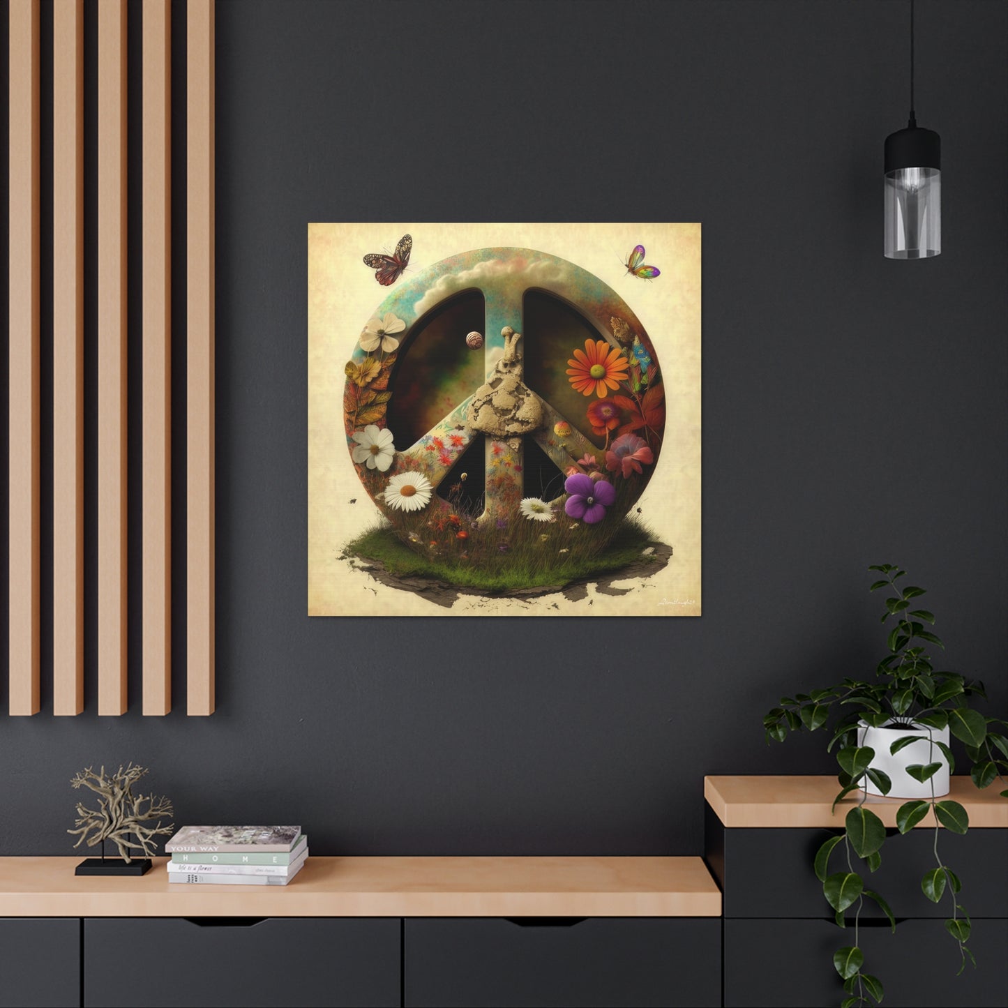 Elegant Peace Sign With Beautiful Flowers And Butterflies , Beige Background Canvas Gallery Wraps